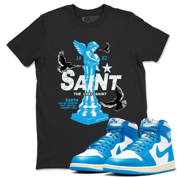 1s UNC t-shirts to match jordans The Lost Saint sneaker match tees Air Jordan 1 UNC Reimagined graphic tee for sneakerheads SNRT Sneaker Tees unisex cotton Black 1 shirts