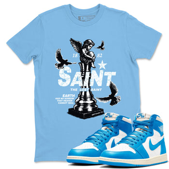 1s UNC t-shirts to match jordans The Lost Saint sneaker match tees Air Jordan 1 UNC Reimagined graphic tee for sneakerheads SNRT Sneaker Tees unisex cotton Carolina Blue 1 shirts