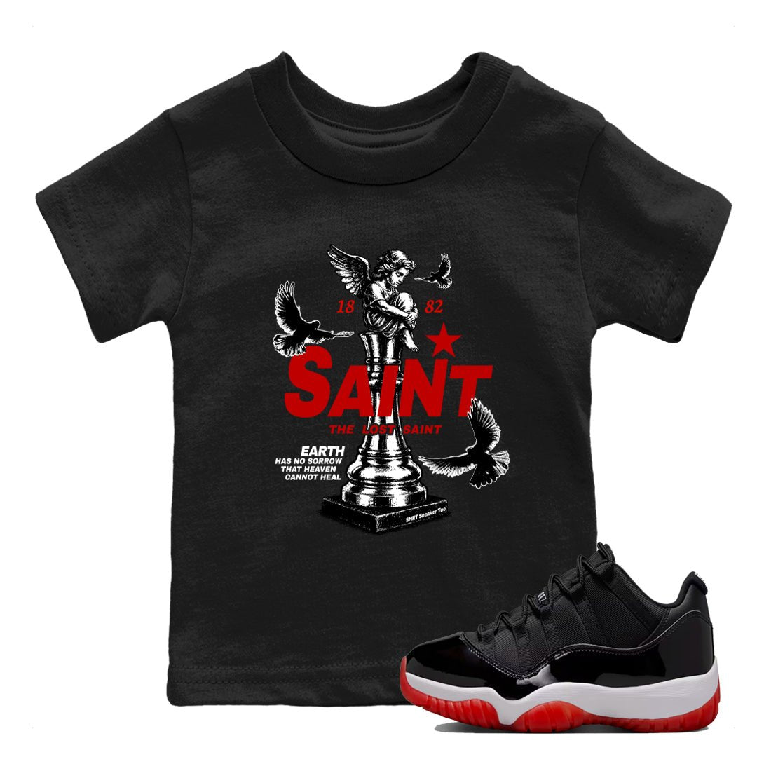 Jordan 11 Low Bred t-shirts to match jordans The Lost Saint sneaker match tees Air Jordan 11 Bred graphic tee for sneakerheads SNRT Sneaker Tees Youth Baby Black 1 tee