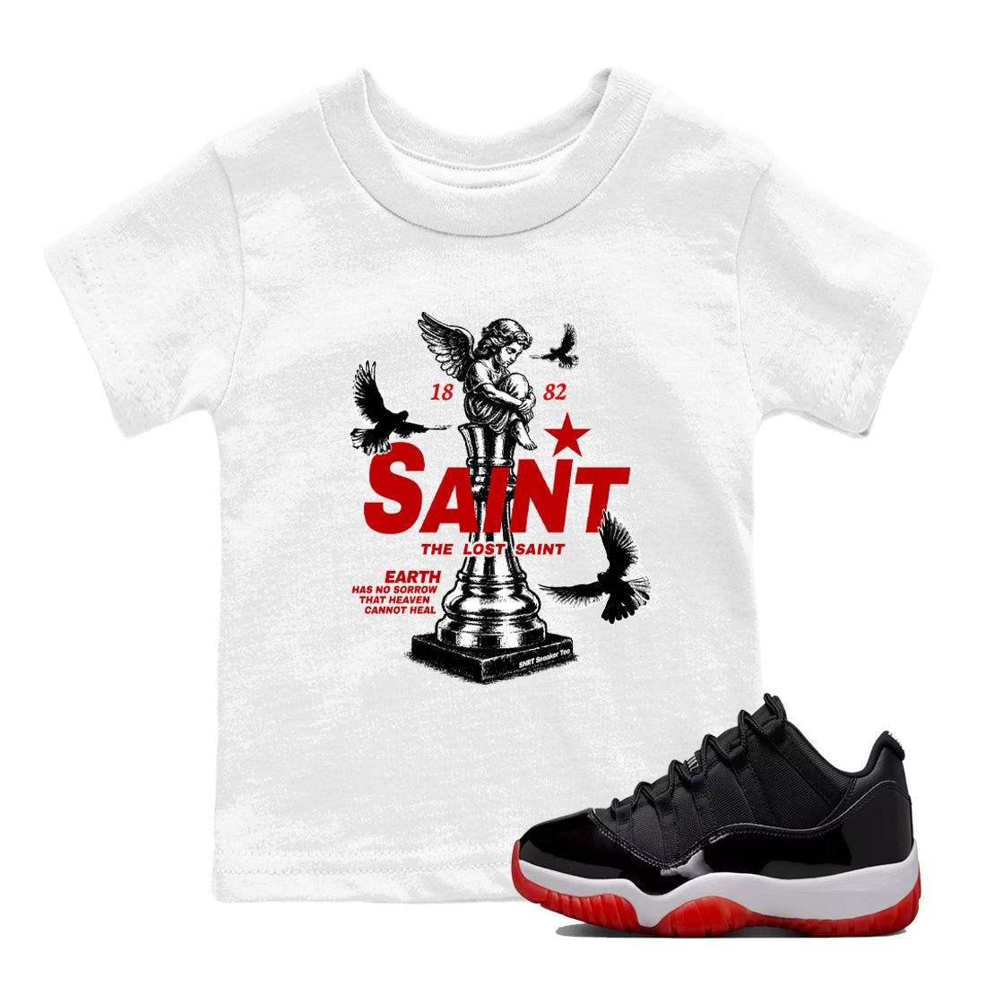Jordan 11 Low Bred t-shirts to match jordans The Lost Saint sneaker match tees Air Jordan 11 Bred graphic tee for sneakerheads SNRT Sneaker Tees Youth Baby White 1 tee