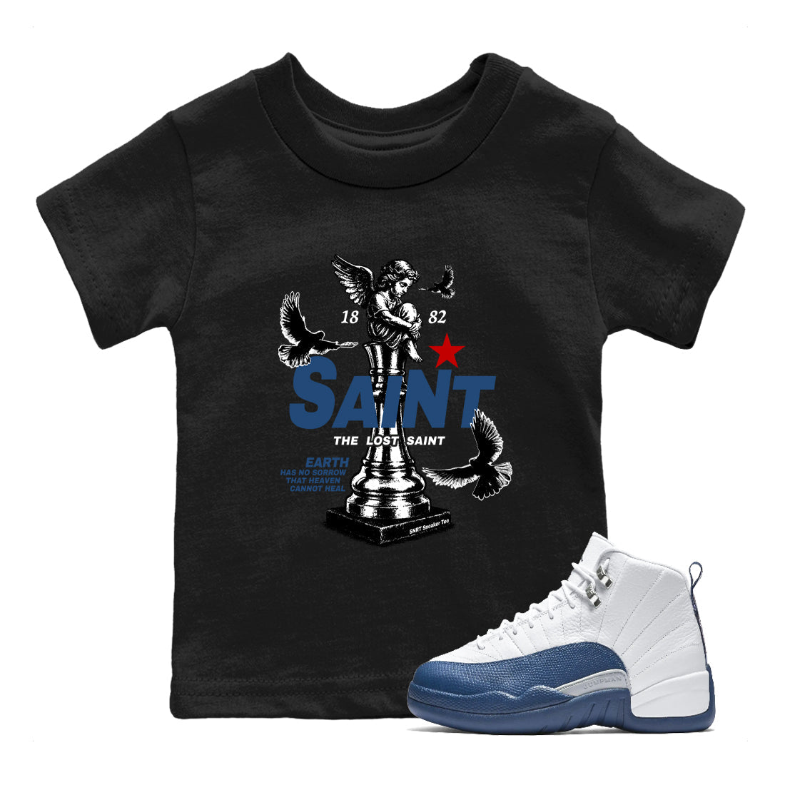The Lost Saint baby and kids t-shirt crafted for little sneakerheads to shine with the Air Jordan 12 French Blue sneakers, displayed in Black 1.
