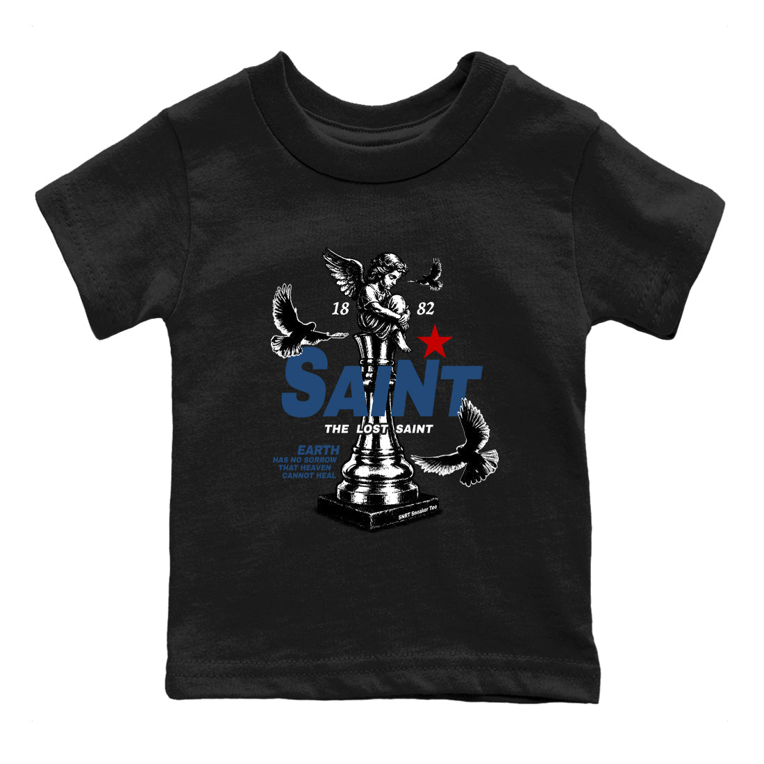 The Lost Saint baby and kids t-shirt crafted for little sneakerheads to shine with the Air Jordan 12 French Blue sneakers, displayed in Black 2.