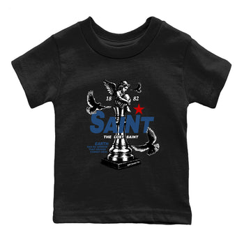 The Lost Saint baby and kids t-shirt crafted for little sneakerheads to shine with the Air Jordan 12 French Blue sneakers, displayed in Black 2.