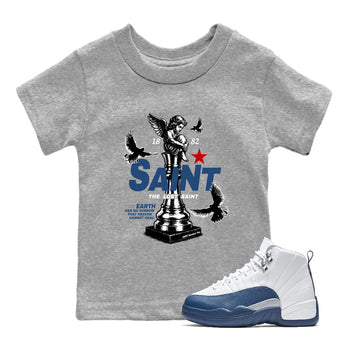 The Lost Saint baby and kids t-shirt crafted for little sneakerheads to shine with the Air Jordan 12 French Blue sneakers, displayed in Heather Grey 1.
