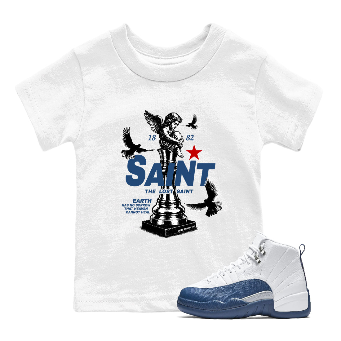 The Lost Saint baby and kids t-shirt crafted for little sneakerheads to shine with the Air Jordan 12 French Blue sneakers, displayed in White 1.