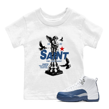 The Lost Saint baby and kids t-shirt crafted for little sneakerheads to shine with the Air Jordan 12 French Blue sneakers, displayed in White 1.