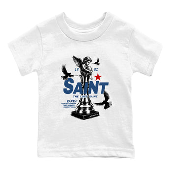 The Lost Saint baby and kids t-shirt crafted for little sneakerheads to shine with the Air Jordan 12 French Blue sneakers, displayed in White 2.