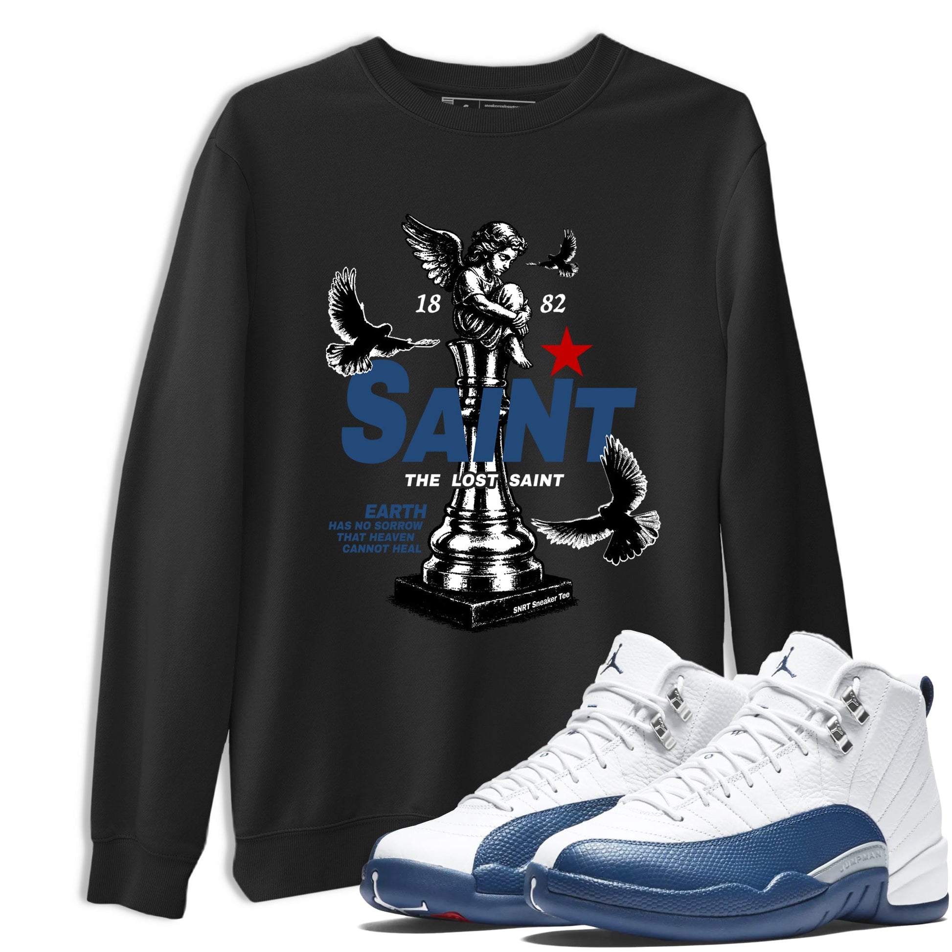 The Lost Saint sneaker match t-shirt styled to complete your fit with the Air Jordan 12 French Blue sneakers, shown in Black 1.