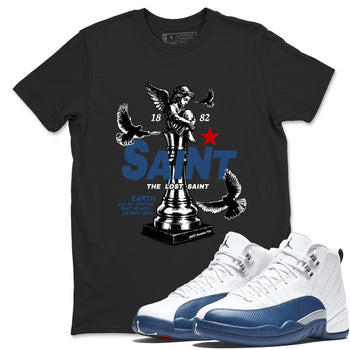 The Lost Saint sneaker match t-shirt styled to complete your fit with the Air Jordan 12 French Blue sneakers, shown in Black 1.