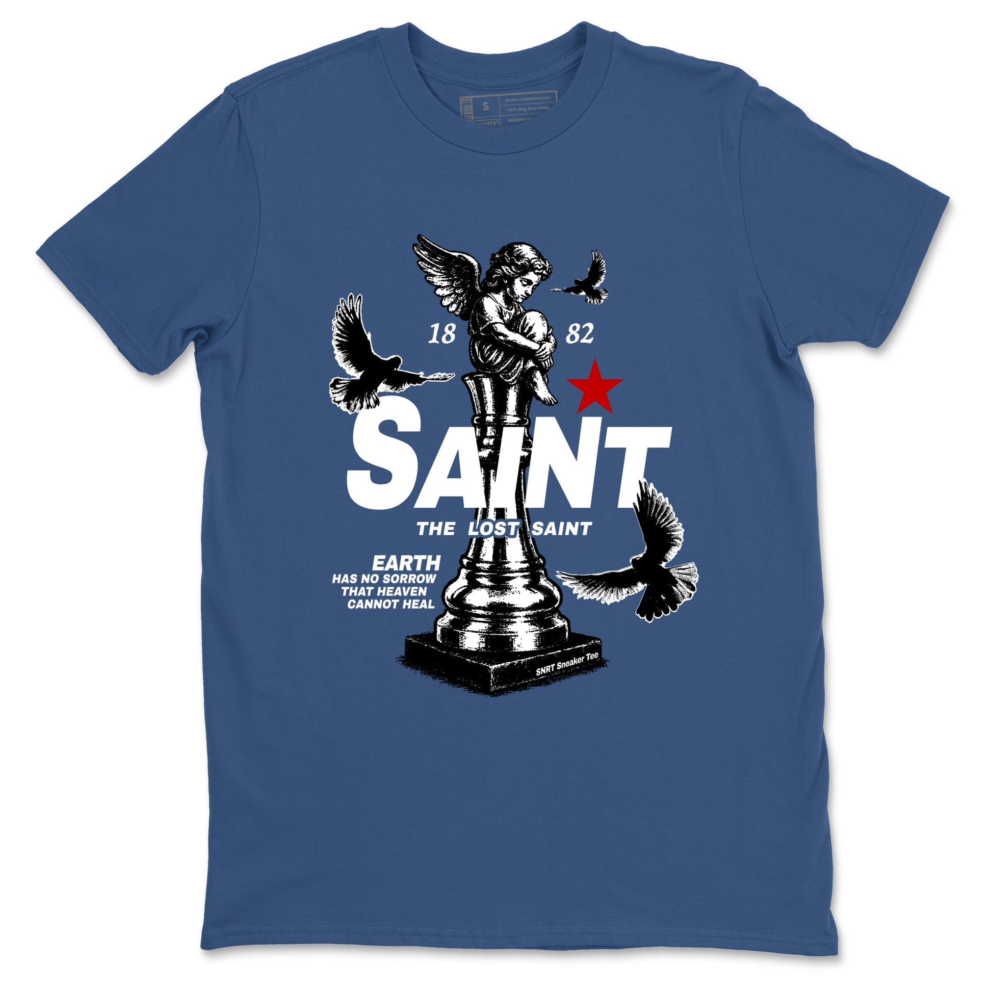The Lost Saint sneaker match t-shirt styled to complete your fit with the Air Jordan 12 French Blue sneakers, shown in Denim Blue 2.