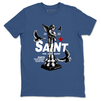 The Lost Saint sneaker match t-shirt styled to complete your fit with the Air Jordan 12 French Blue sneakers, shown in Denim Blue 2.