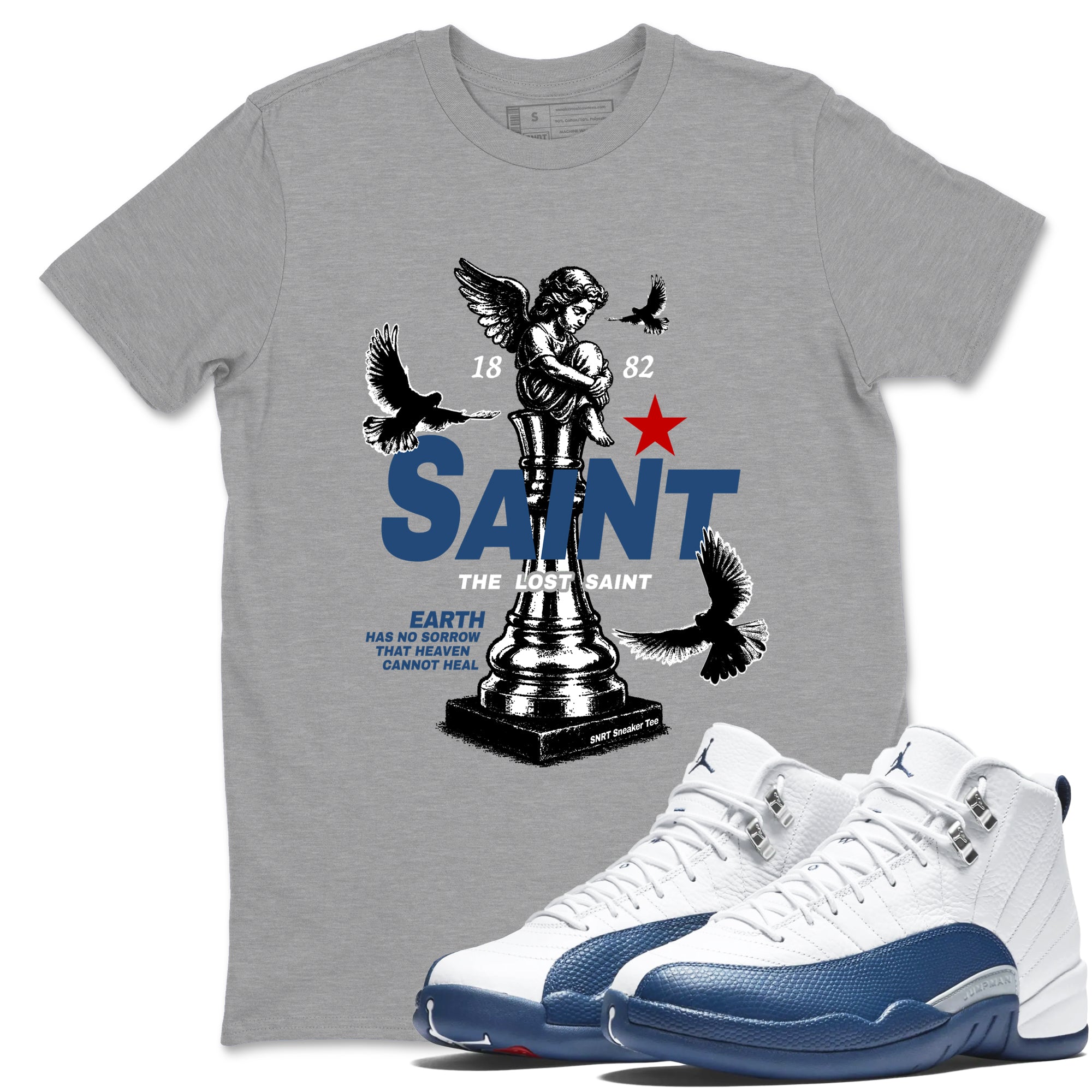 The Lost Saint sneaker match t-shirt styled to complete your fit with the Air Jordan 12 French Blue sneakers, shown in Heather Grey 1.