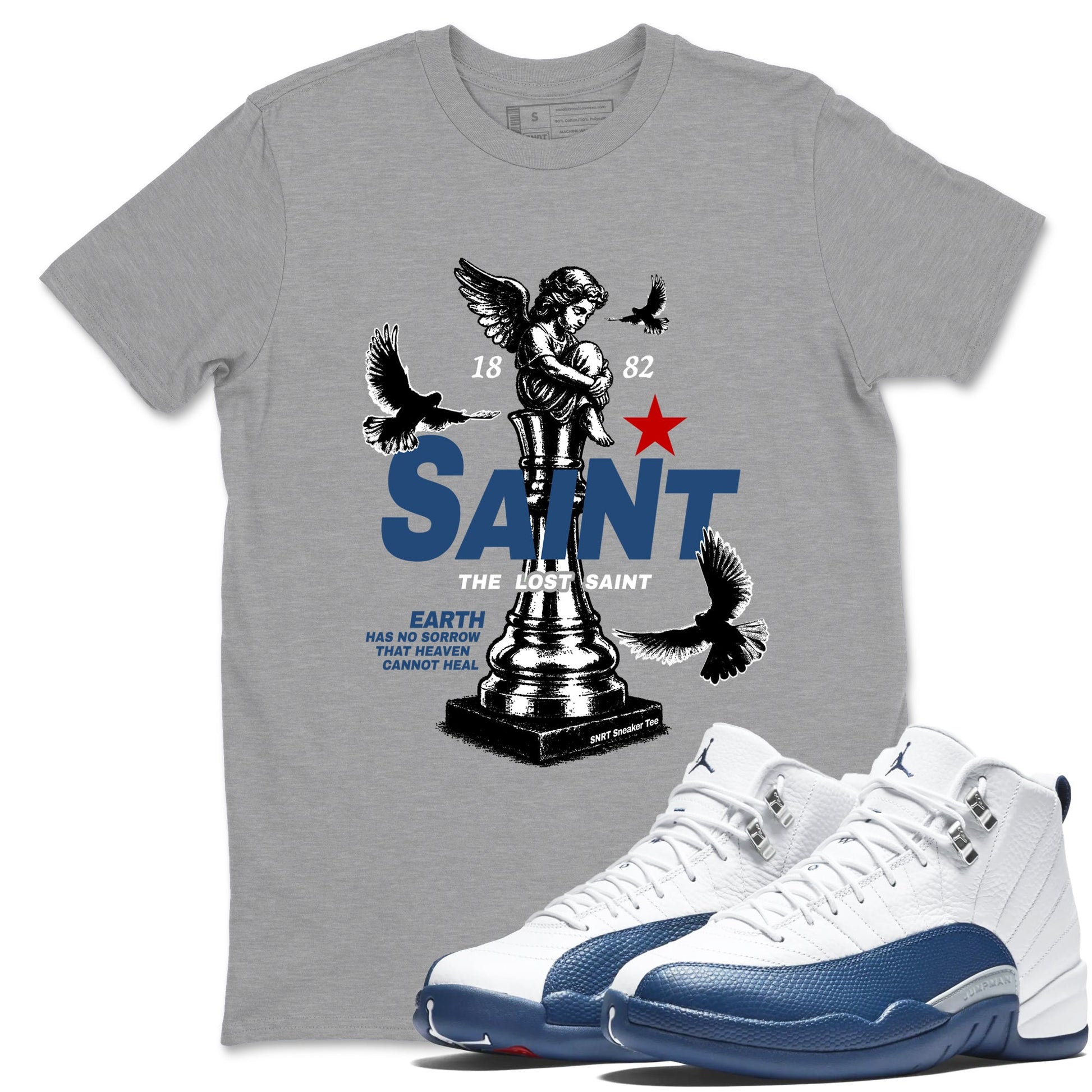 The Lost Saint sneaker match t-shirt styled to complete your fit with the Air Jordan 12 French Blue sneakers, shown in Heather Grey 1.