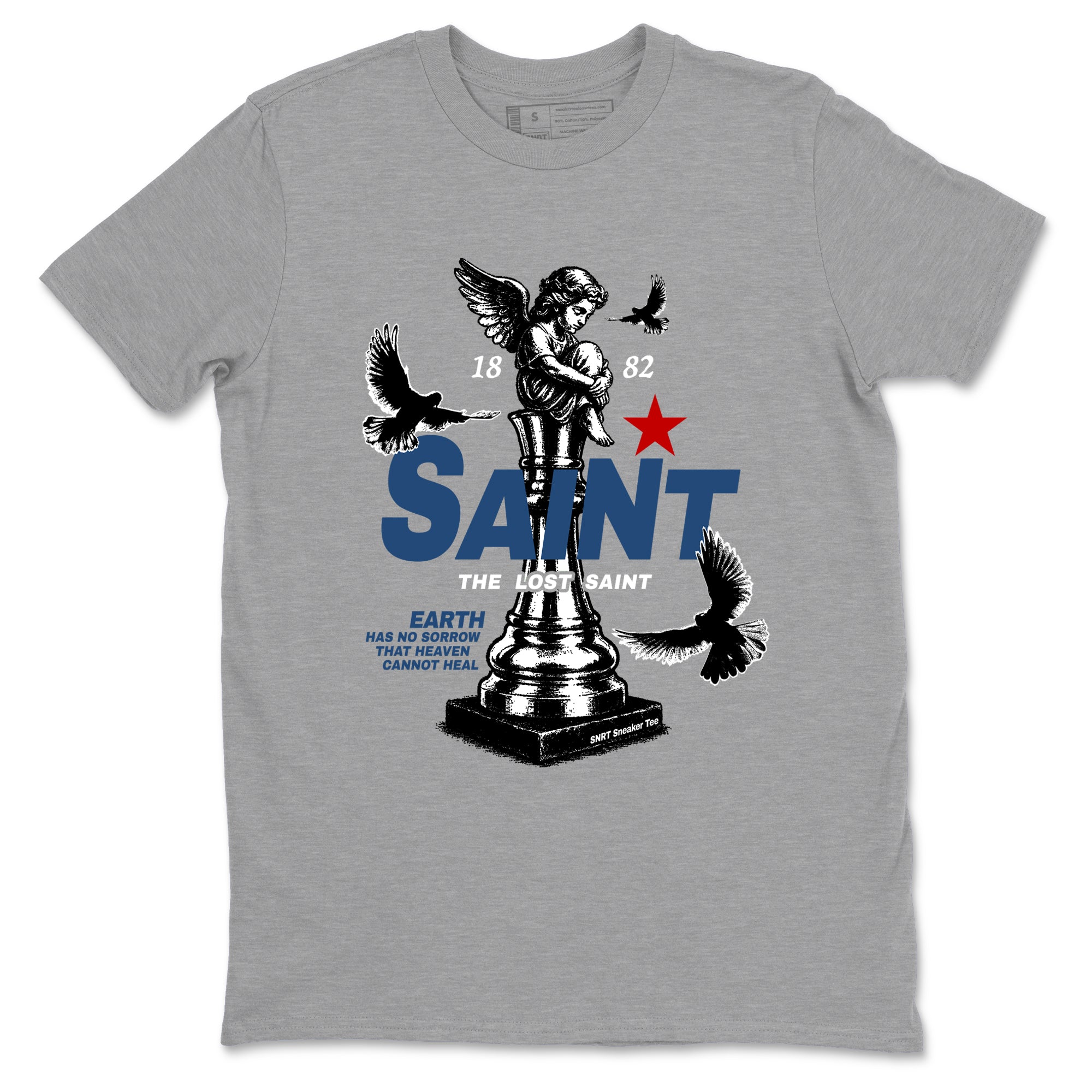 The Lost Saint sneaker match t-shirt styled to complete your fit with the Air Jordan 12 French Blue sneakers, shown in Heather Grey 2.