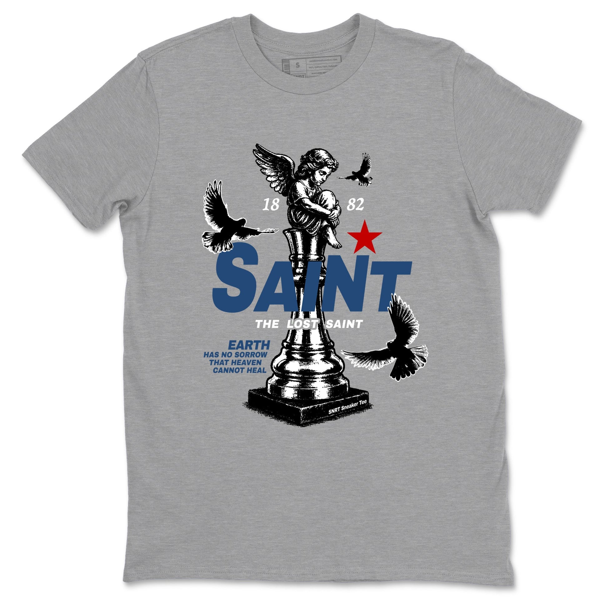 The Lost Saint sneaker match t-shirt styled to complete your fit with the Air Jordan 12 French Blue sneakers, shown in Heather Grey 2.
