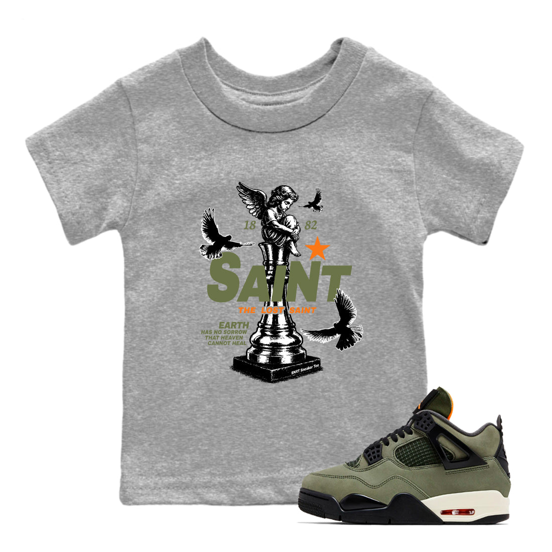 Sneaker match tees – Sneaker Tees To Match Undefeated inspired colorways Air Jordan 4 OG Olive Shoes  – The Lost Saint Kids T-Shirt Heather Grey 1