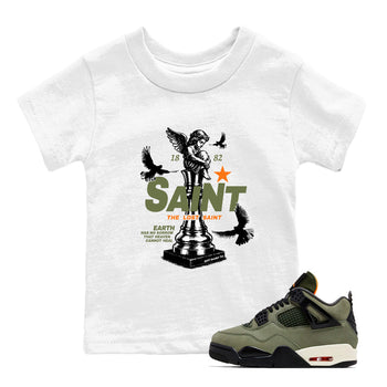Sneaker match tees – Sneaker Tees To Match Undefeated inspired colorways Air Jordan 4 OG Olive Shoes  – The Lost Saint Kids T-Shirt White 1