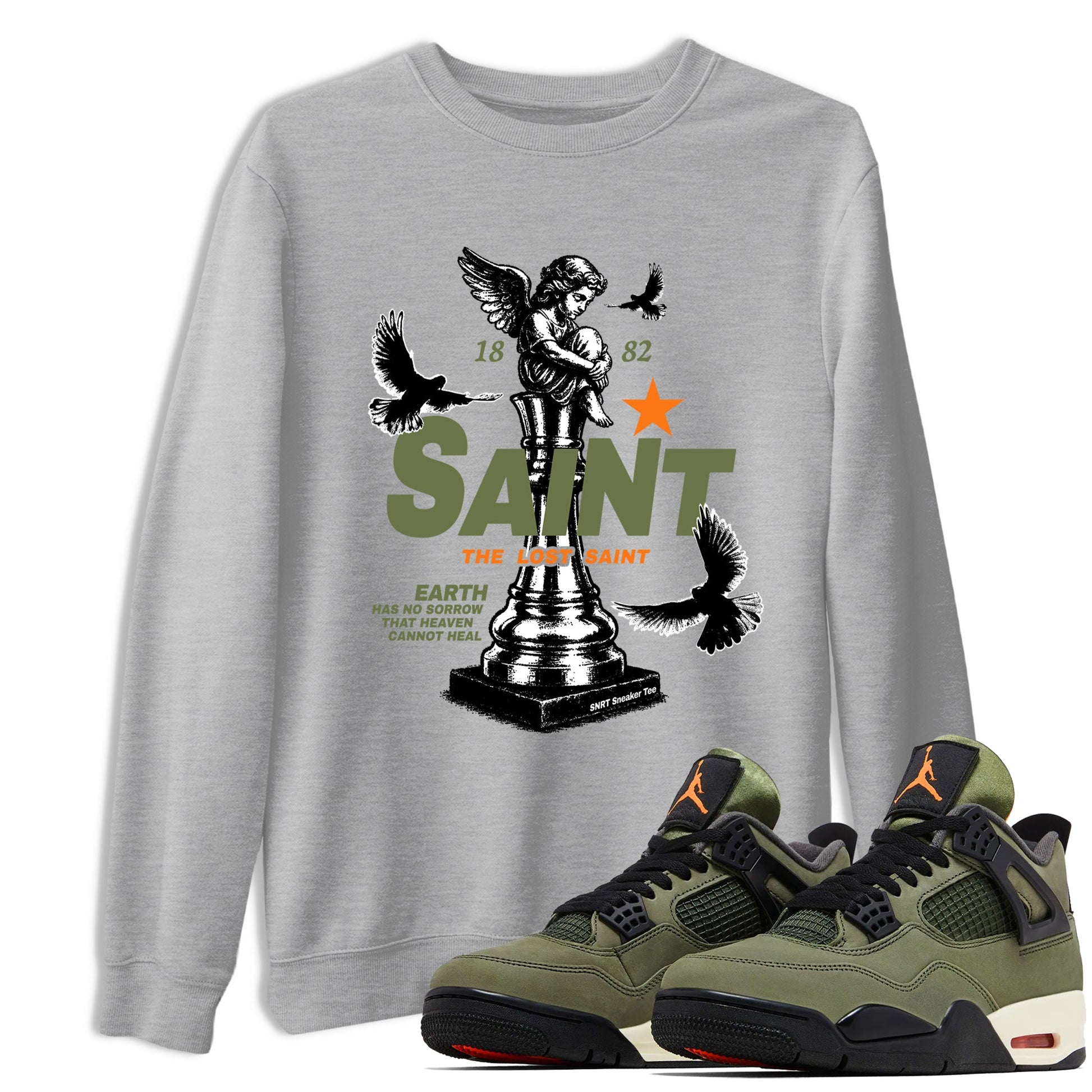 Sneaker match tees – Sneaker Tees To Match Undefeated inspired colorways Air Jordan 4 OG Olive Shoes  – The Lost Saint Tee Heather Grey 1