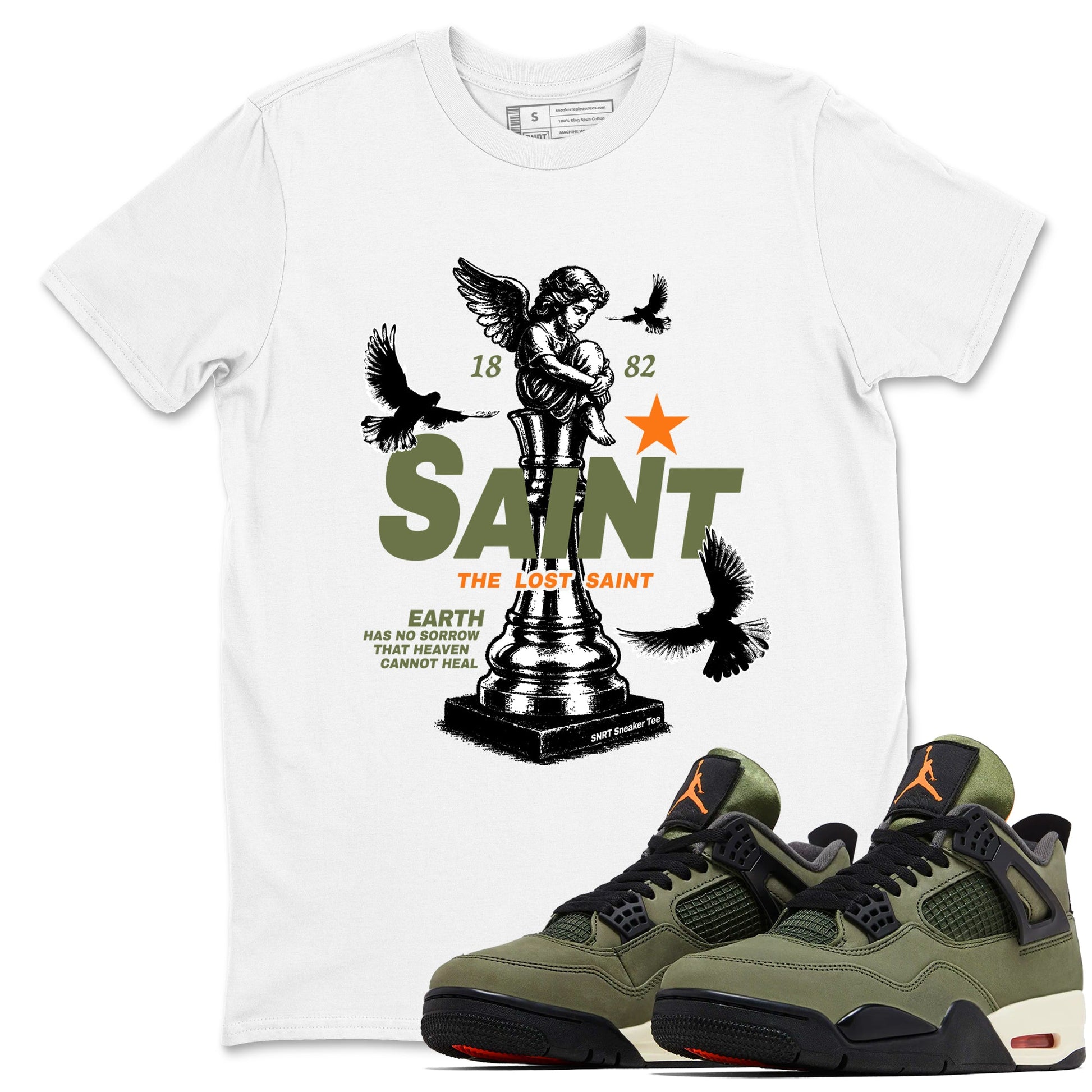 Sneaker match tees – Sneaker Tees To Match Undefeated inspired colorways Air Jordan 4 OG Olive Shoes  – The Lost Saint Tee White 1