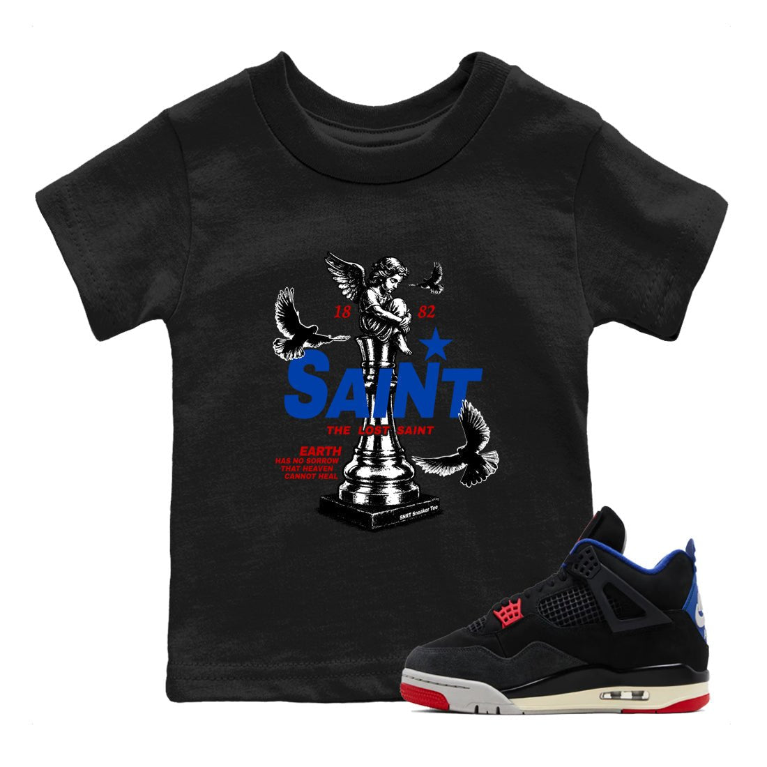 The Lost Saint baby and kids t-shirt crafted for little sneakerheads to shine with the Air Jordan 4 Rare Air sneakers, displayed in Black 1.