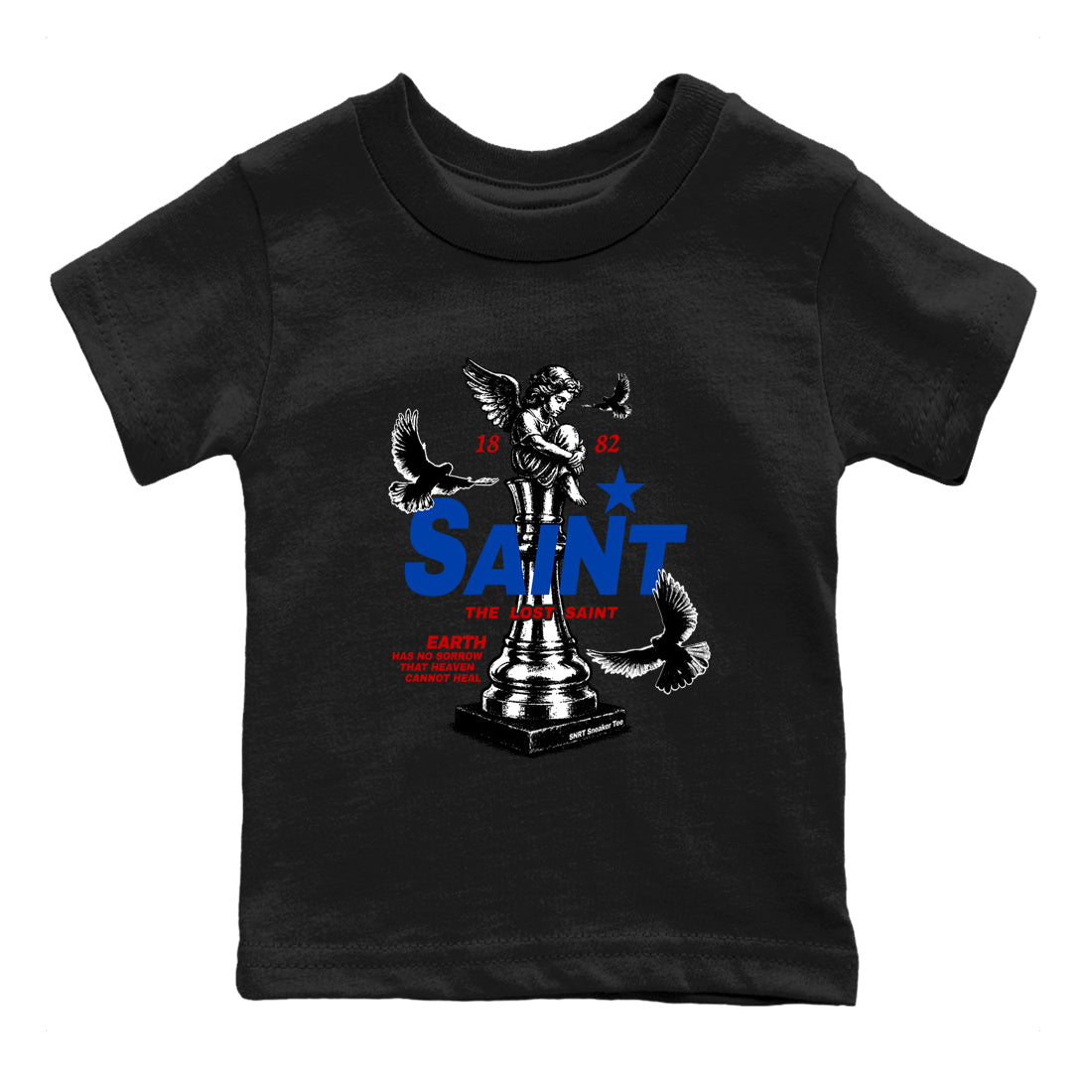 The Lost Saint baby and kids t-shirt crafted for little sneakerheads to shine with the Air Jordan 4 Rare Air sneakers, displayed in Black 2.