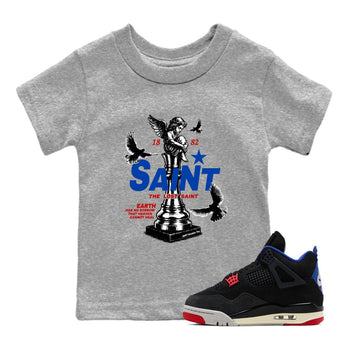 The Lost Saint baby and kids t-shirt crafted for little sneakerheads to shine with the Air Jordan 4 Rare Air sneakers, displayed in Heather Grey 1.