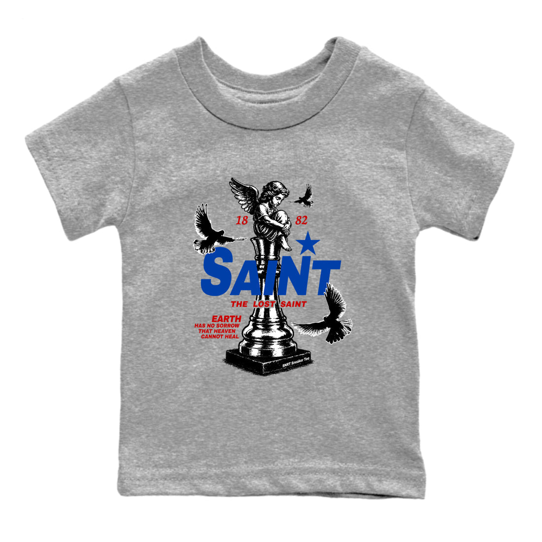 The Lost Saint baby and kids t-shirt crafted for little sneakerheads to shine with the Air Jordan 4 Rare Air sneakers, displayed in Heather Grey 2.