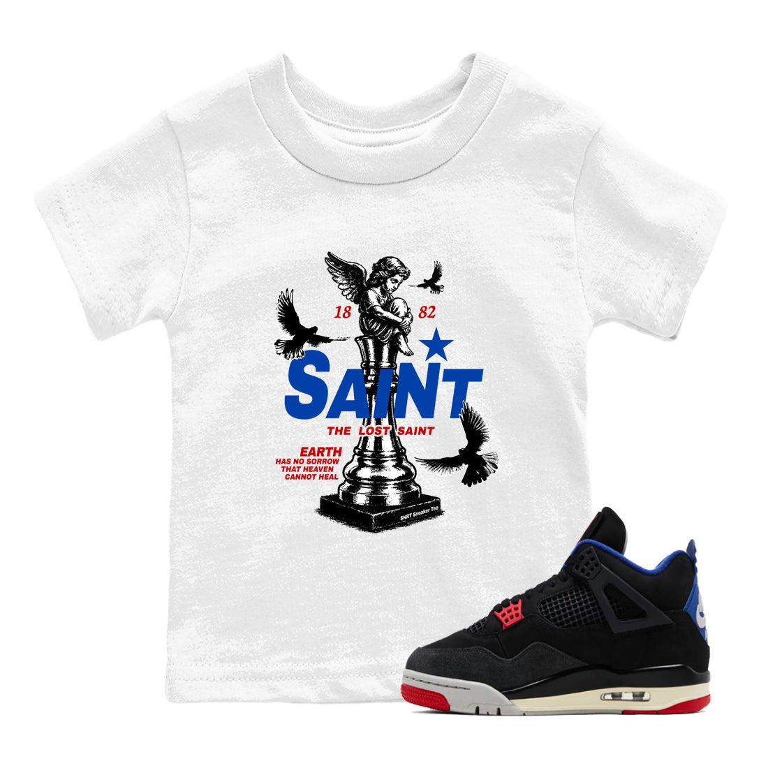 The Lost Saint baby and kids t-shirt crafted for little sneakerheads to shine with the Air Jordan 4 Rare Air sneakers, displayed in White 1.