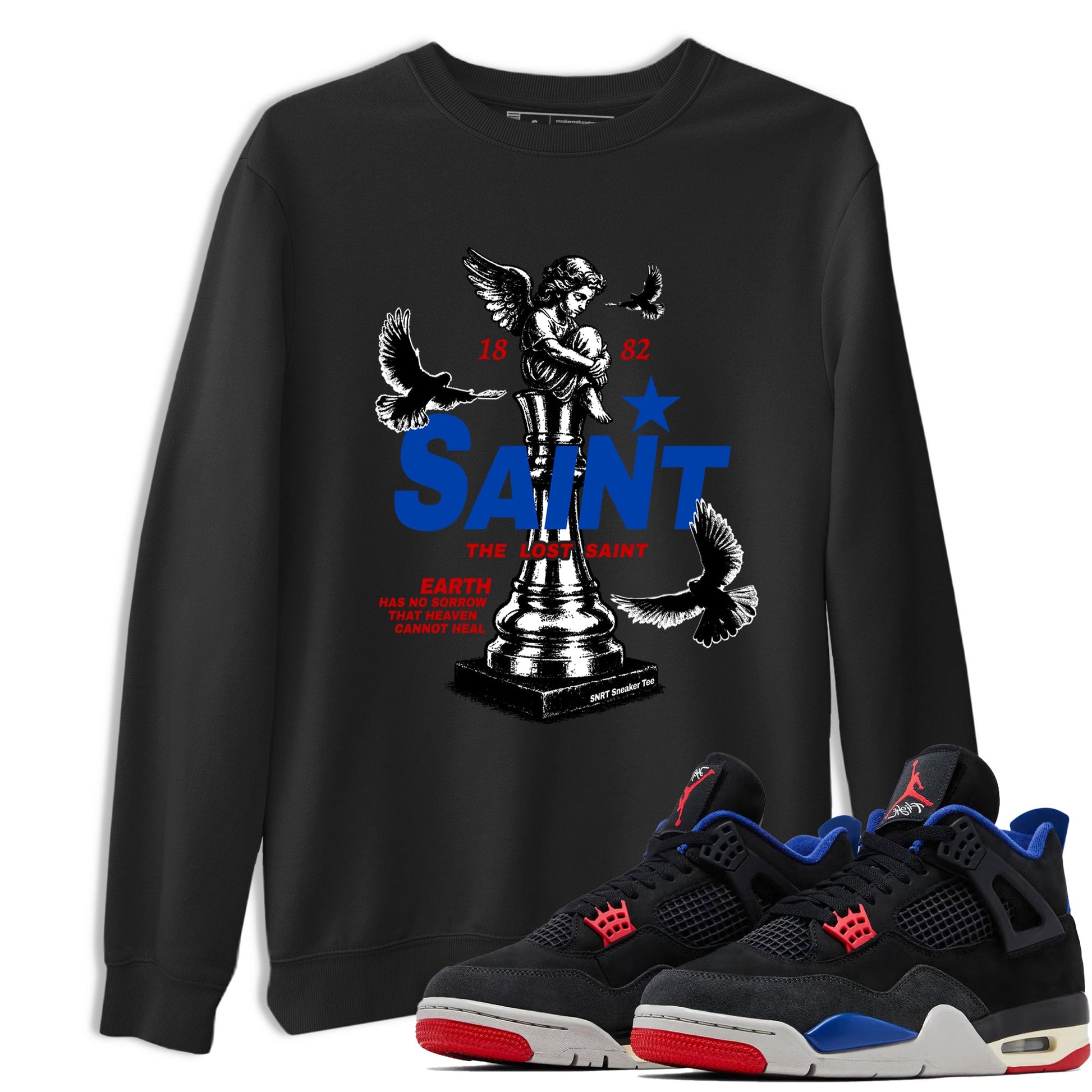The Lost Saint sneaker match t-shirt styled to complete your fit with the Air Jordan 4 Rare Air sneakers, shown in Black 1.