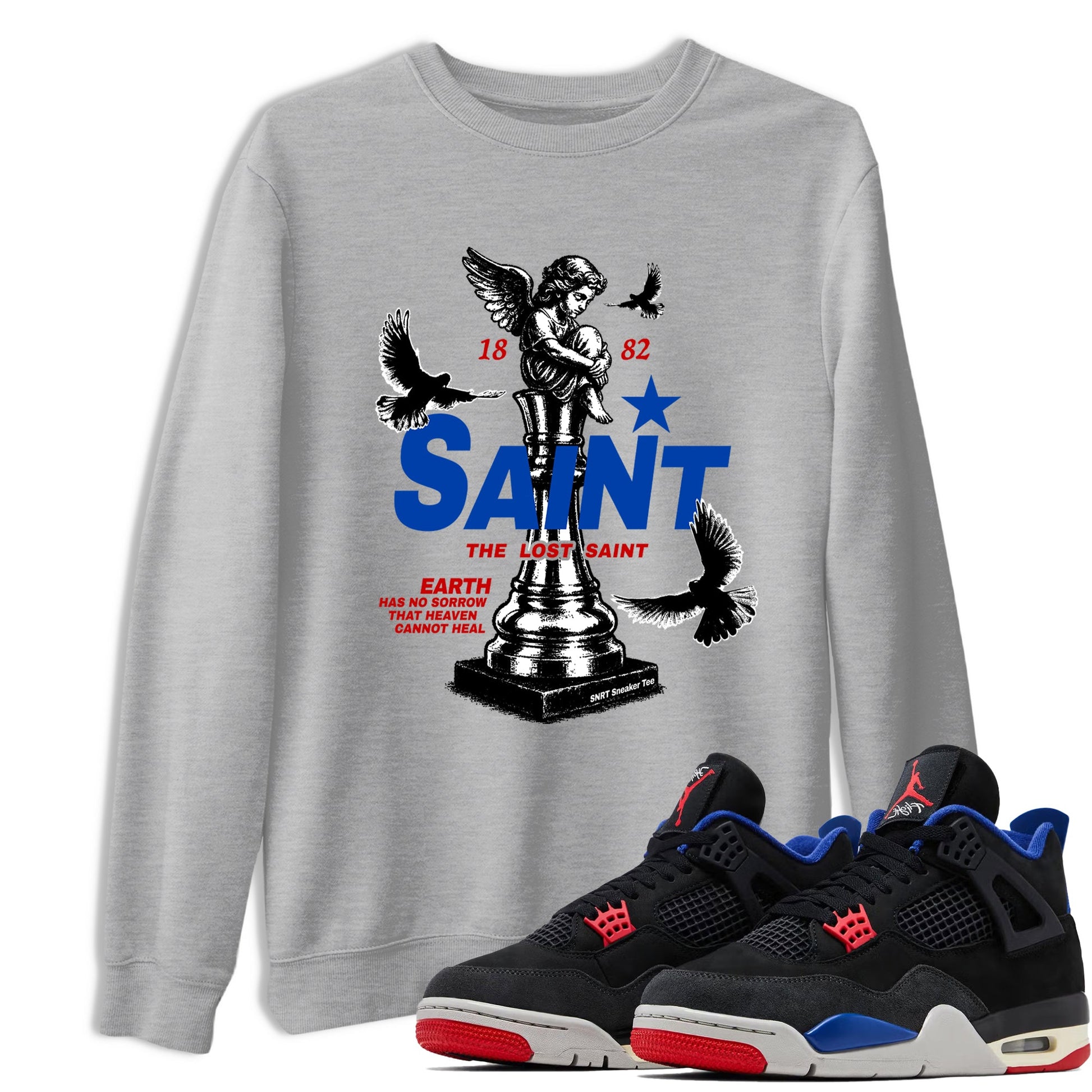 The Lost Saint sneaker match t-shirt styled to complete your fit with the Air Jordan 4 Rare Air sneakers, shown in Heather Grey 1.