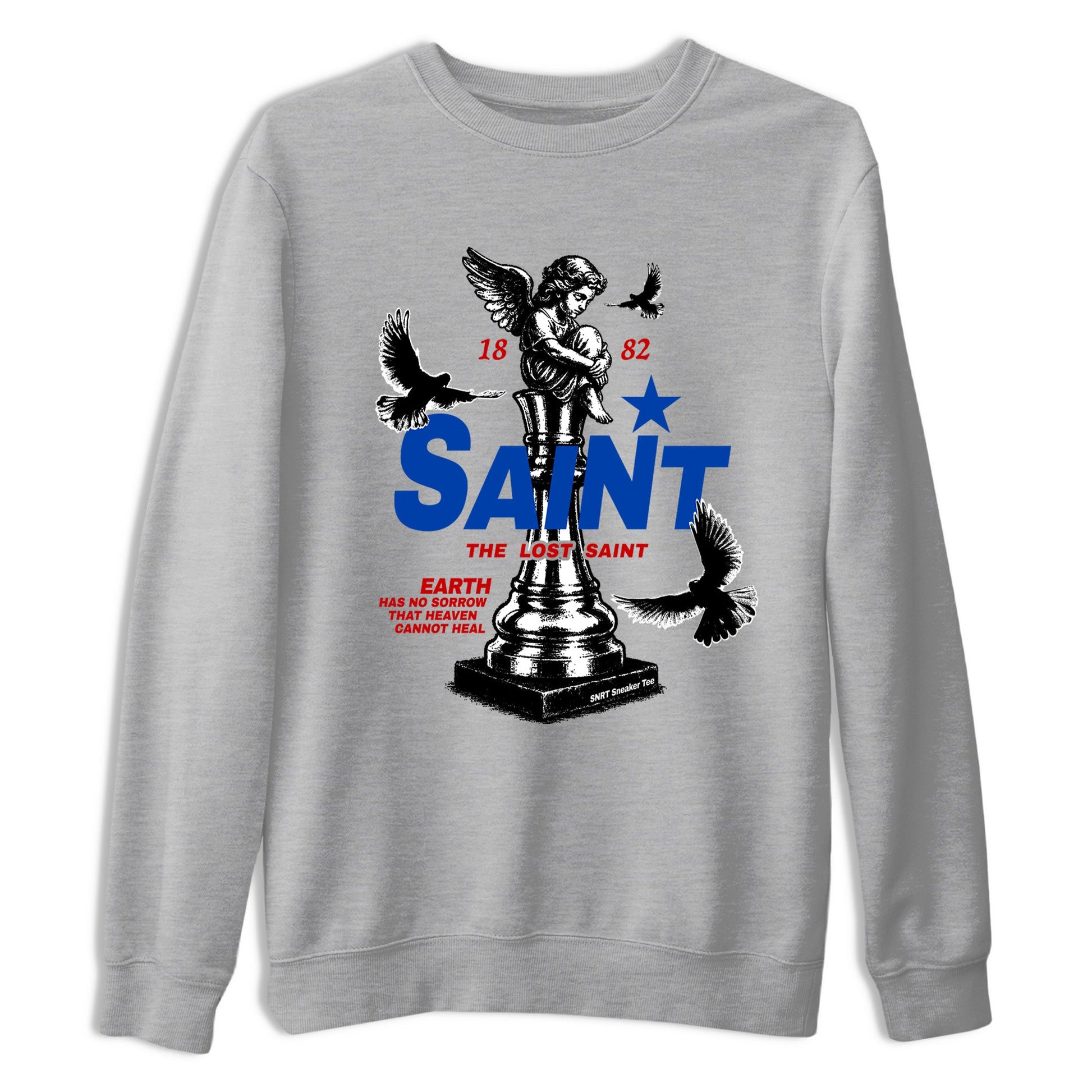 The Lost Saint sneaker match t-shirt styled to complete your fit with the Air Jordan 4 Rare Air sneakers, shown in Heather Grey 2.