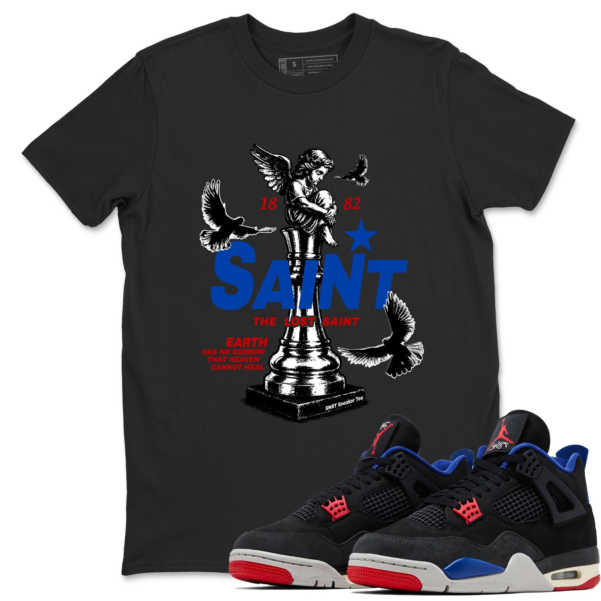 The Lost Saint sneaker match t-shirt styled to complete your fit with the Air Jordan 4 Rare Air sneakers, shown in Black 1.