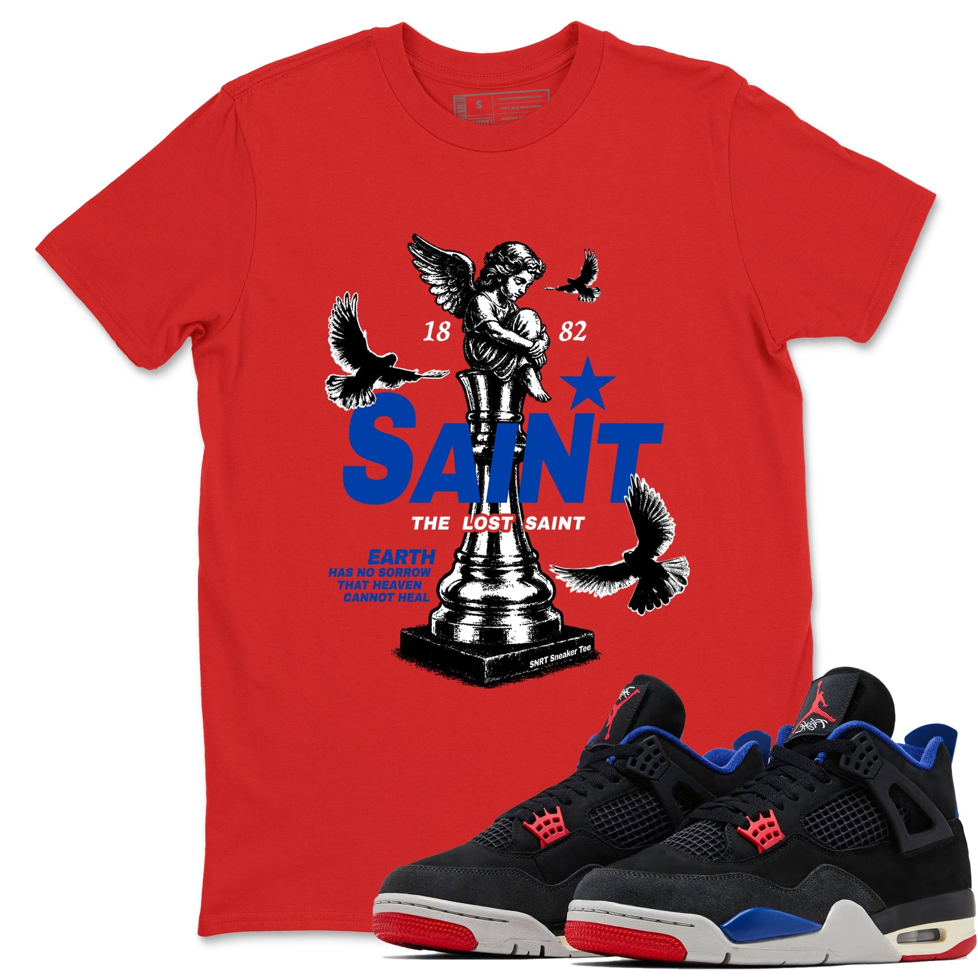 The Lost Saint sneaker match t-shirt styled to complete your fit with the Air Jordan 4 Rare Air sneakers, shown in Red 1.