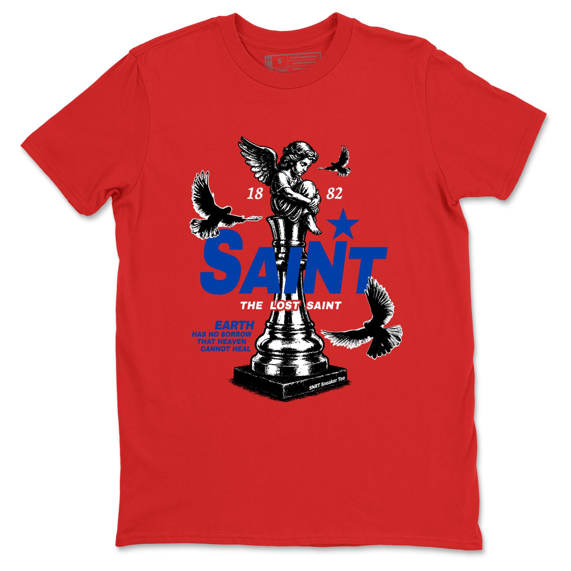 The Lost Saint sneaker match t-shirt styled to complete your fit with the Air Jordan 4 Rare Air sneakers, shown in Red 2.
