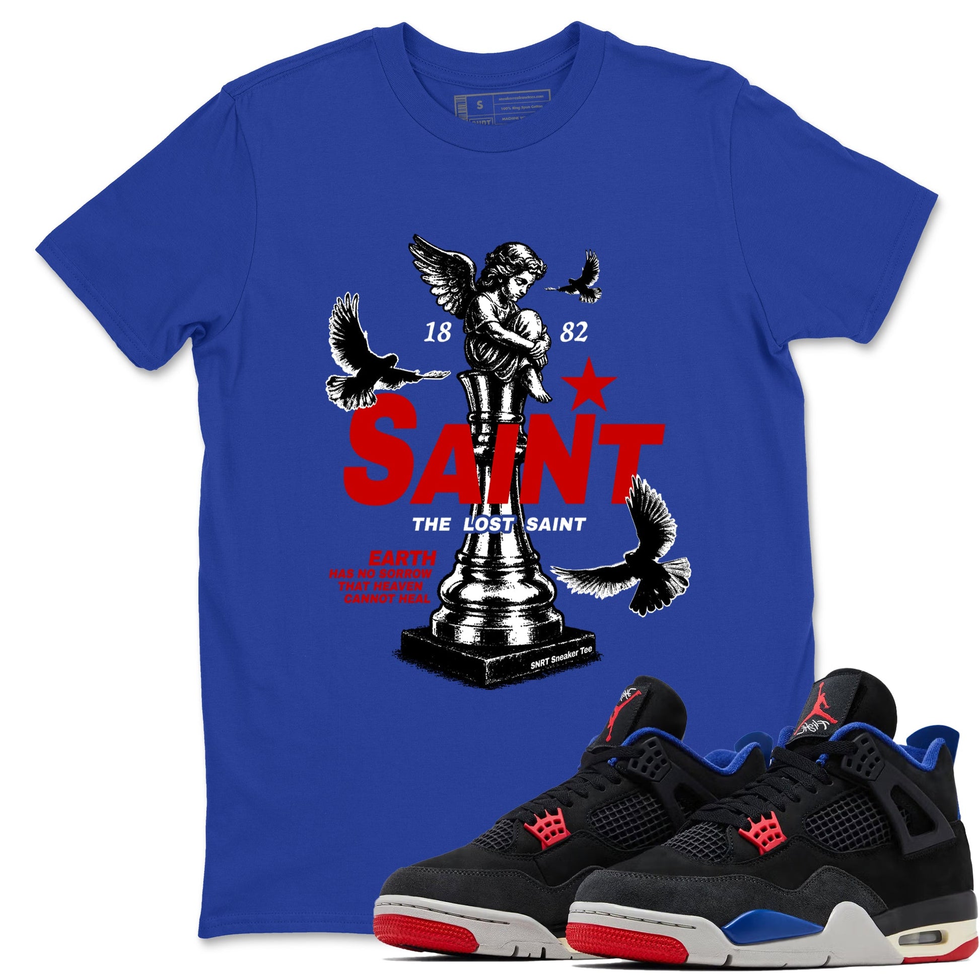 The Lost Saint sneaker match t-shirt styled to complete your fit with the Air Jordan 4 Rare Air sneakers, shown in Royal Blue 1.