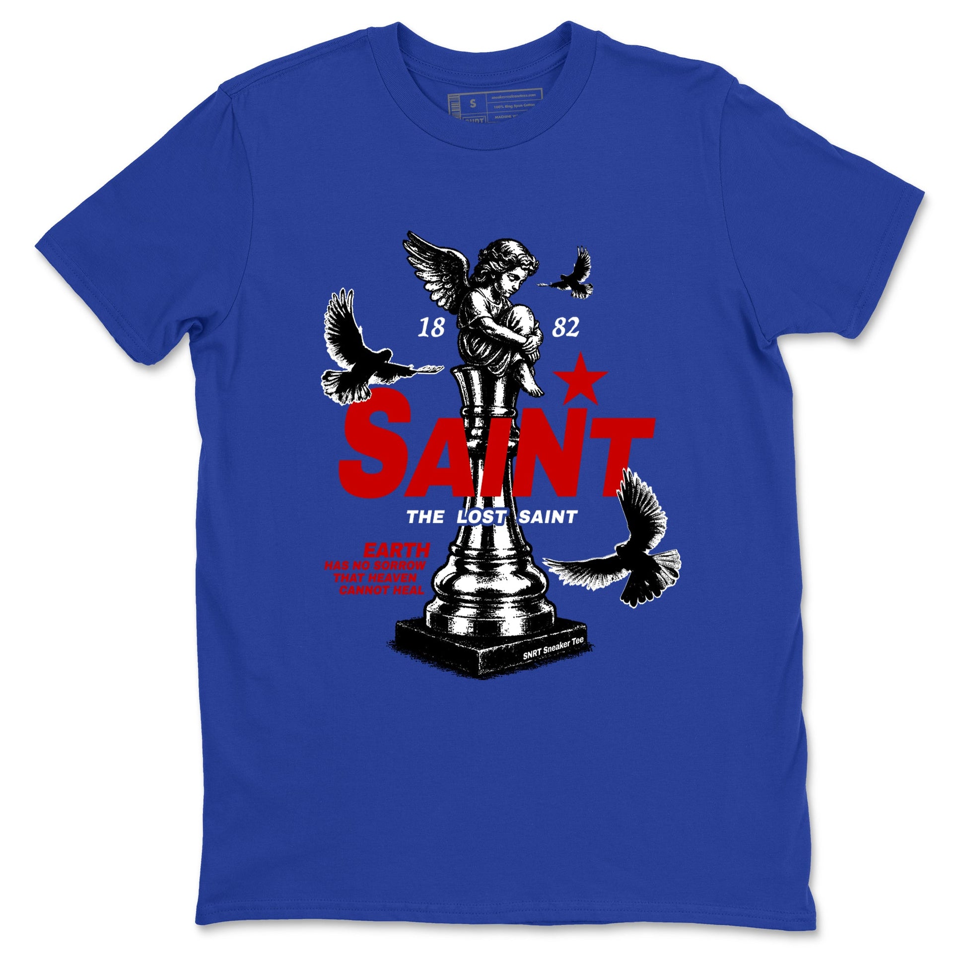 The Lost Saint sneaker match t-shirt styled to complete your fit with the Air Jordan 4 Rare Air sneakers, shown in Royal Blue 2.