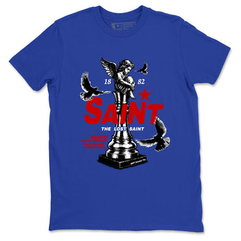 The Lost Saint sneaker match t-shirt styled to complete your fit with the Air Jordan 4 Rare Air sneakers, shown in Royal Blue 2.