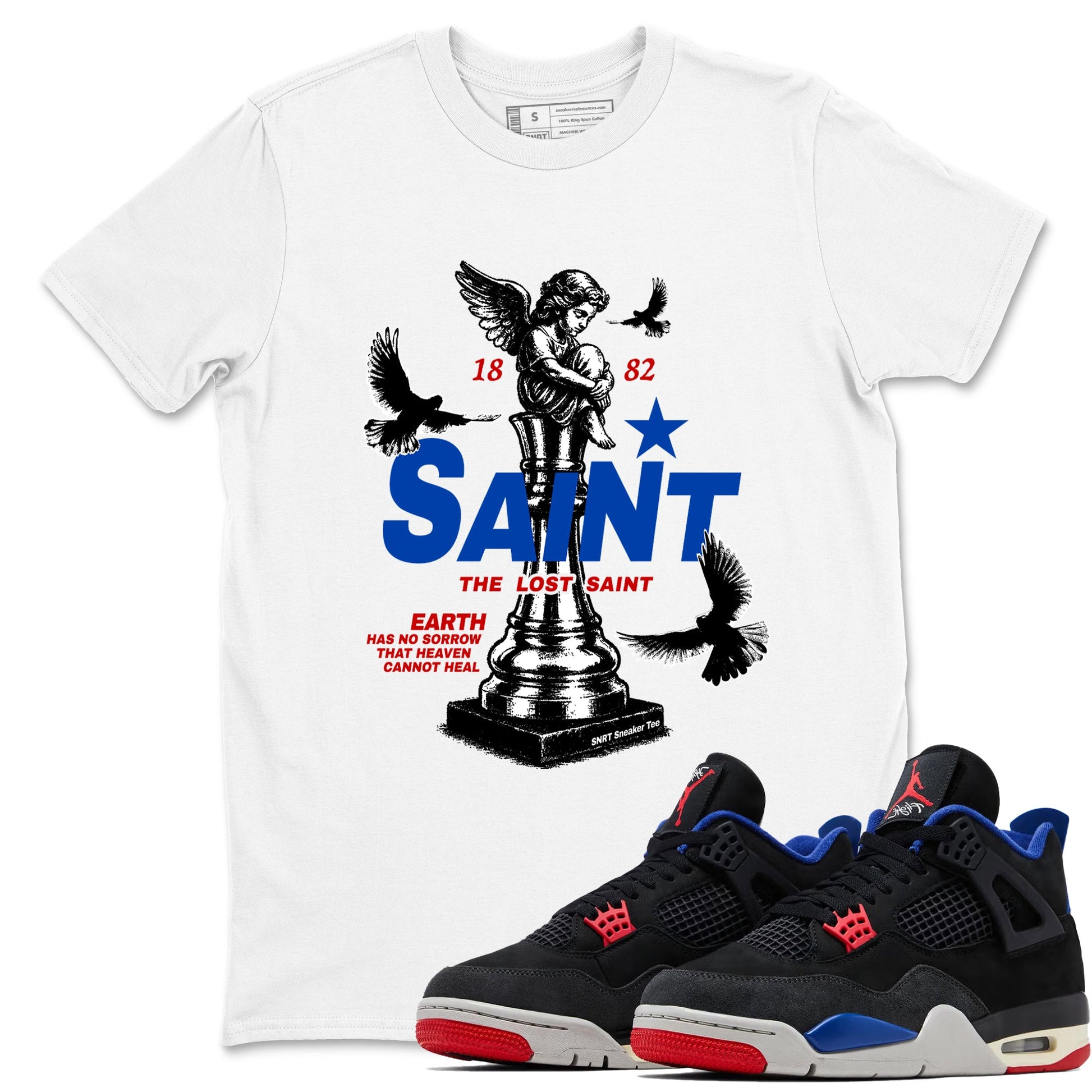 The Lost Saint sneaker match t-shirt styled to complete your fit with the Air Jordan 4 Rare Air sneakers, shown in White 1.