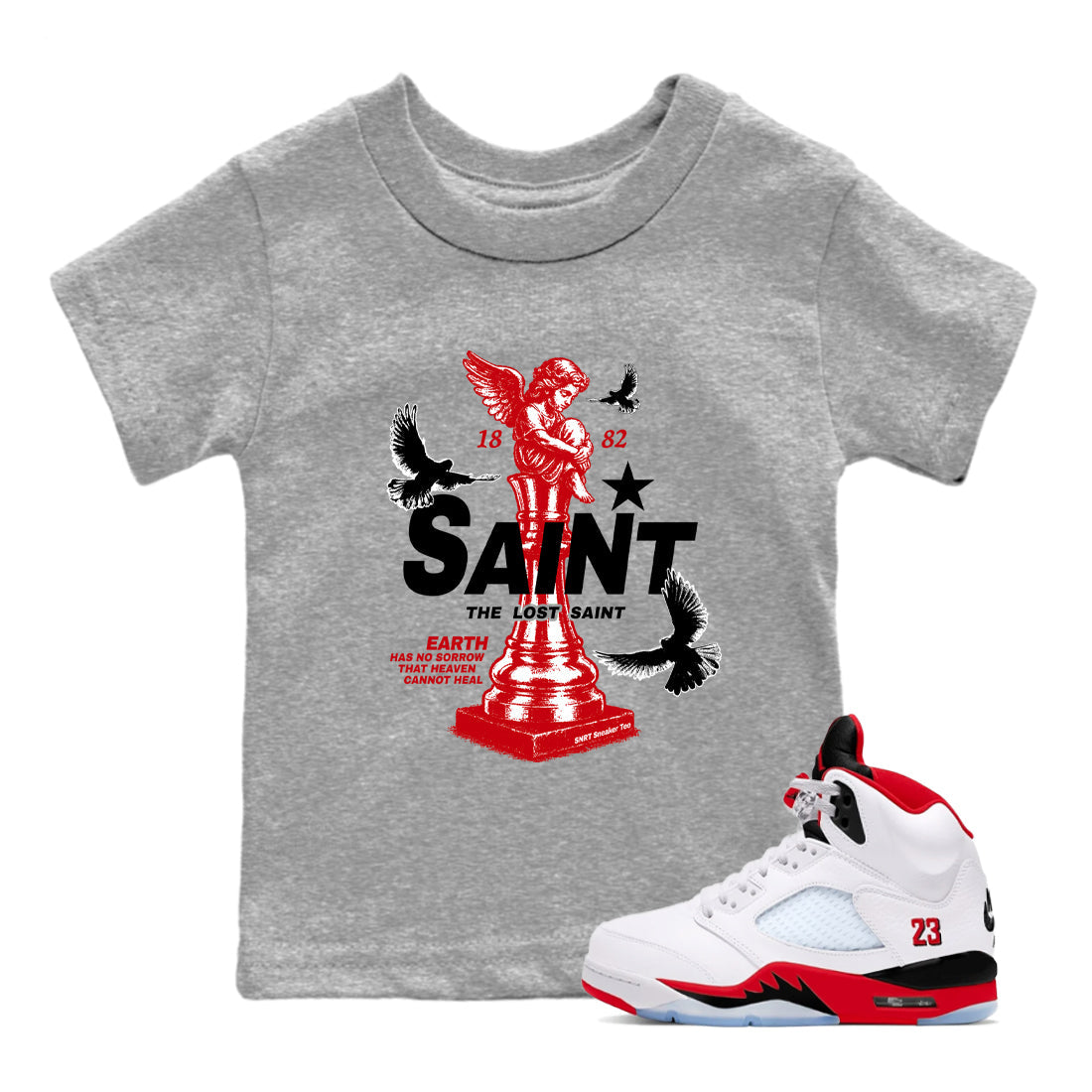 5s Fire Red Sneaker match tees – Sneaker Tees To Match Jordan 5 Retro Fire Red Sneakers – The Lost Saint Kids Graphic T-Shirt Heather Grey 1