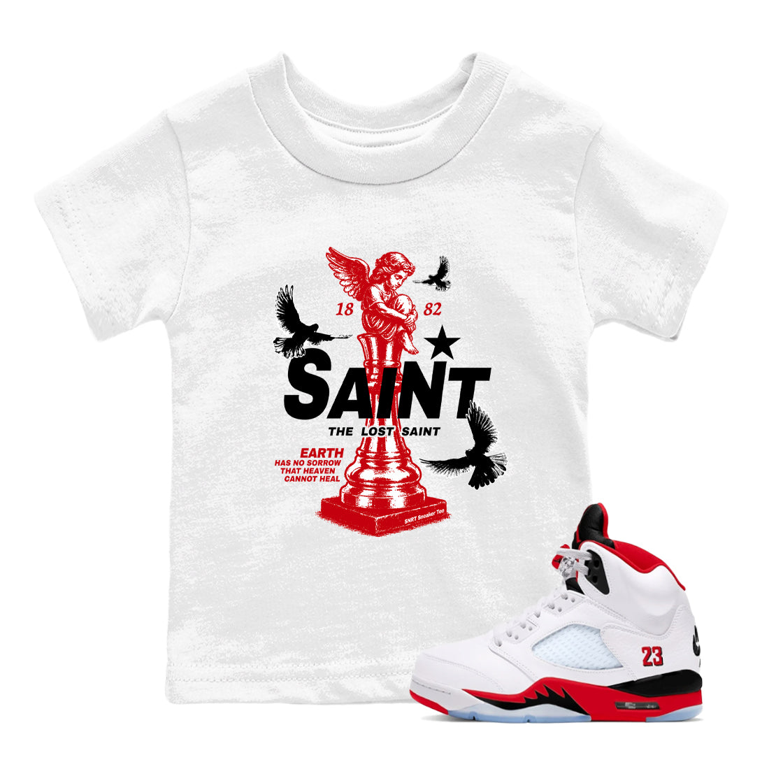 5s Fire Red Sneaker match tees – Sneaker Tees To Match Jordan 5 Retro Fire Red Sneakers – The Lost Saint Kids Graphic T-Shirt White 1