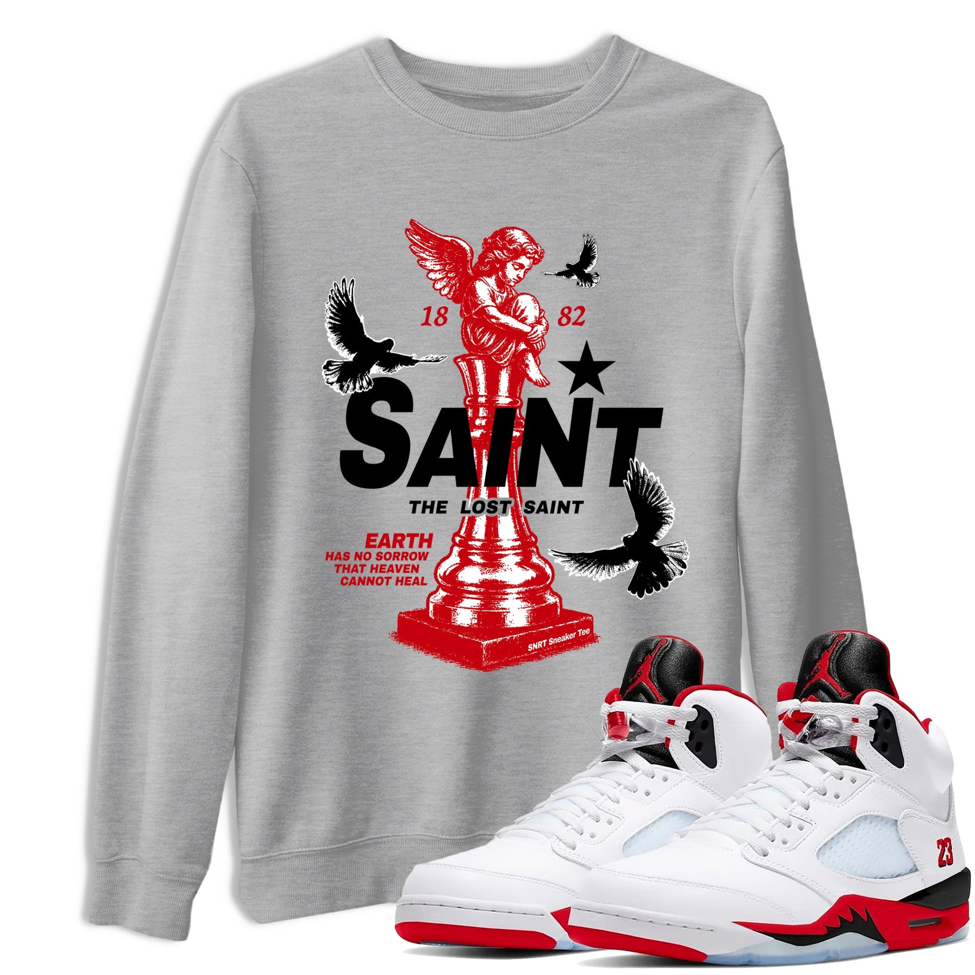 5s Fire Red Sneaker match tees – Sneaker Tees To Match Jordan 5 Retro Fire Red Sneakers – The Lost Saint Graphic Tee Heather Grey 1
