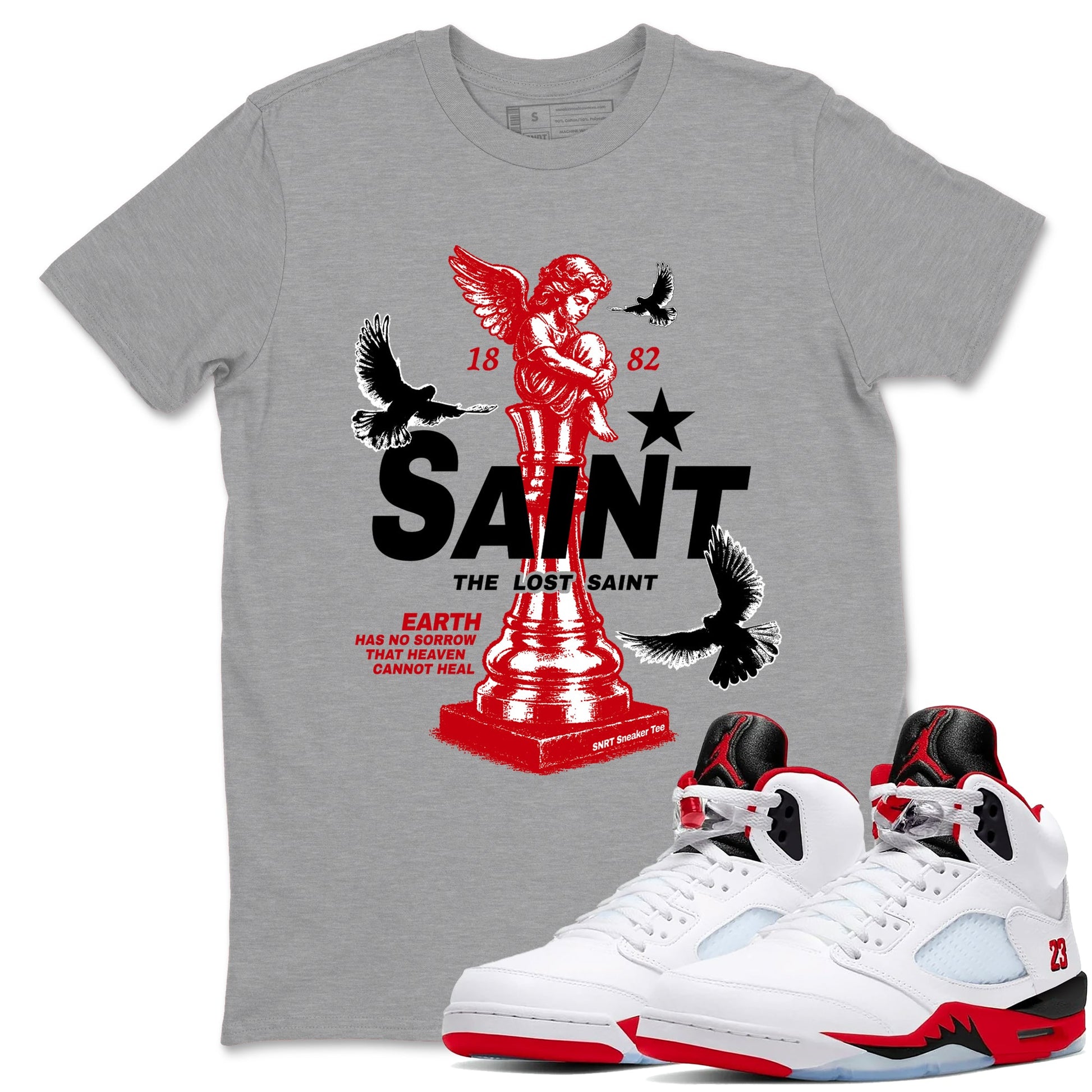 5s Fire Red Sneaker match tees – Sneaker Tees To Match Jordan 5 Retro Fire Red Sneakers – The Lost Saint Graphic Tee Heather Grey 1