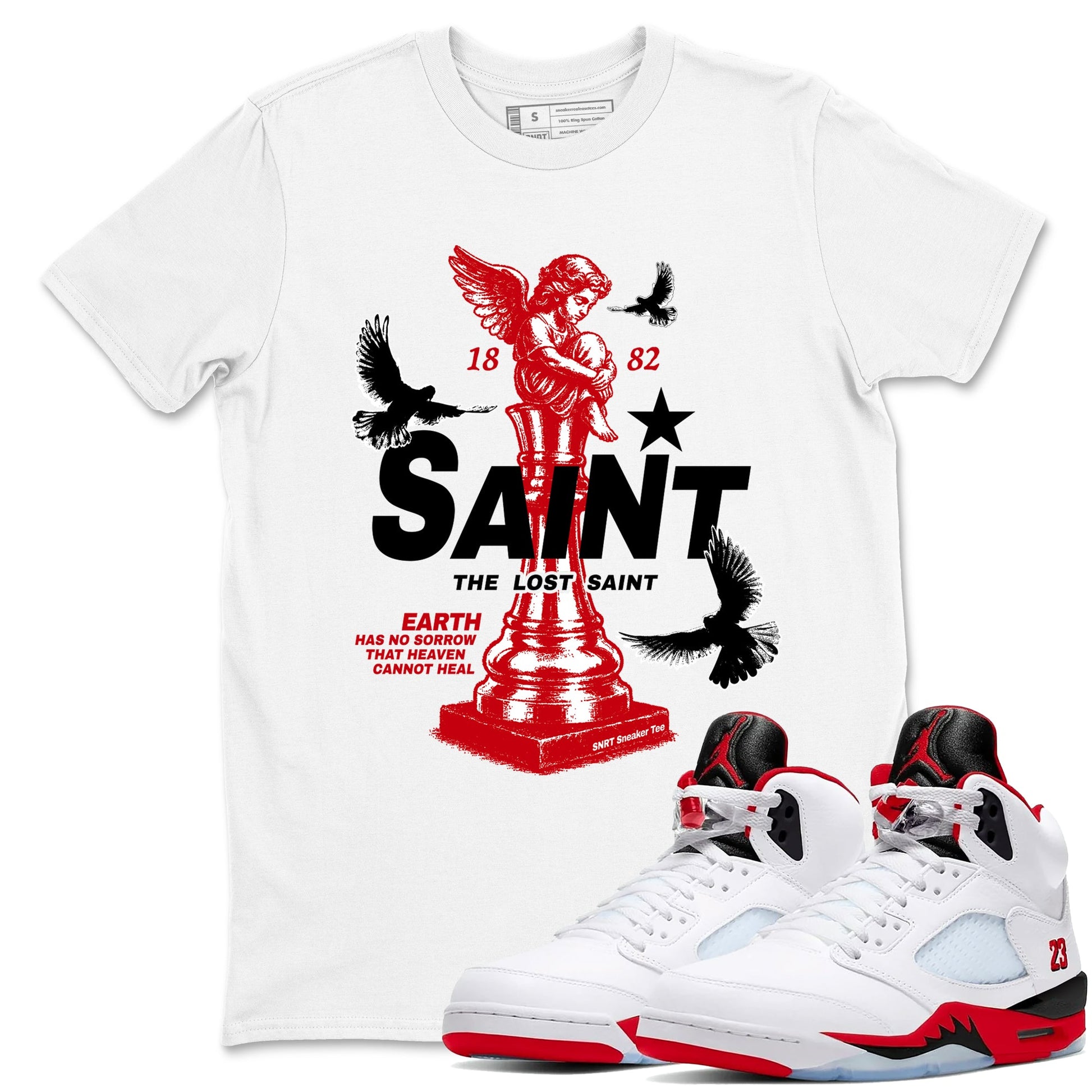 5s Fire Red Sneaker match tees – Sneaker Tees To Match Jordan 5 Retro Fire Red Sneakers – The Lost Saint Graphic Tee White 1