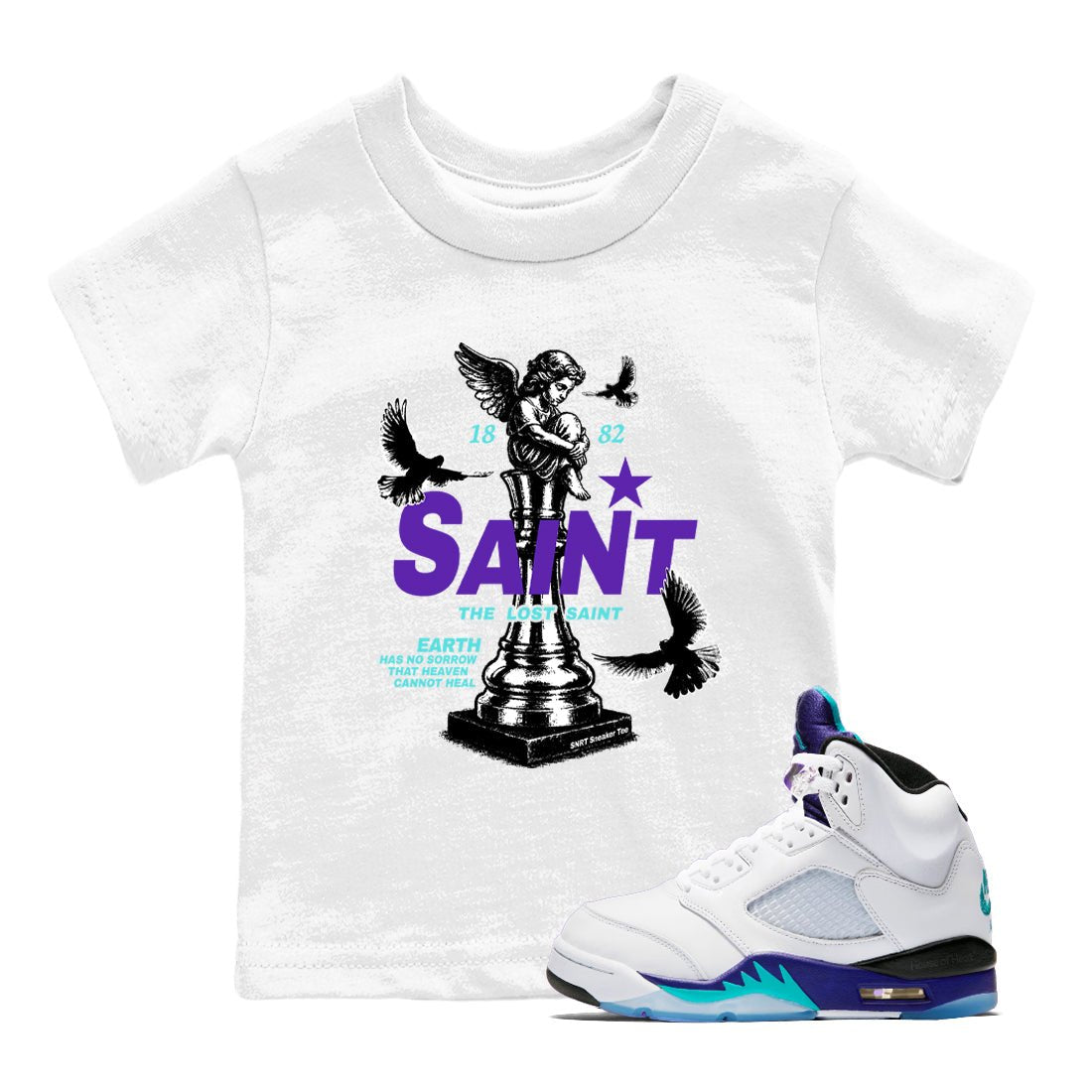 Air Jordan 5 Grape t-shirts to match jordans The Lost Saint sneaker match tees Air Jordan 5 Grape graphic tee for sneakerheads SNRT Sneaker Tees Youth Baby White 1 tee