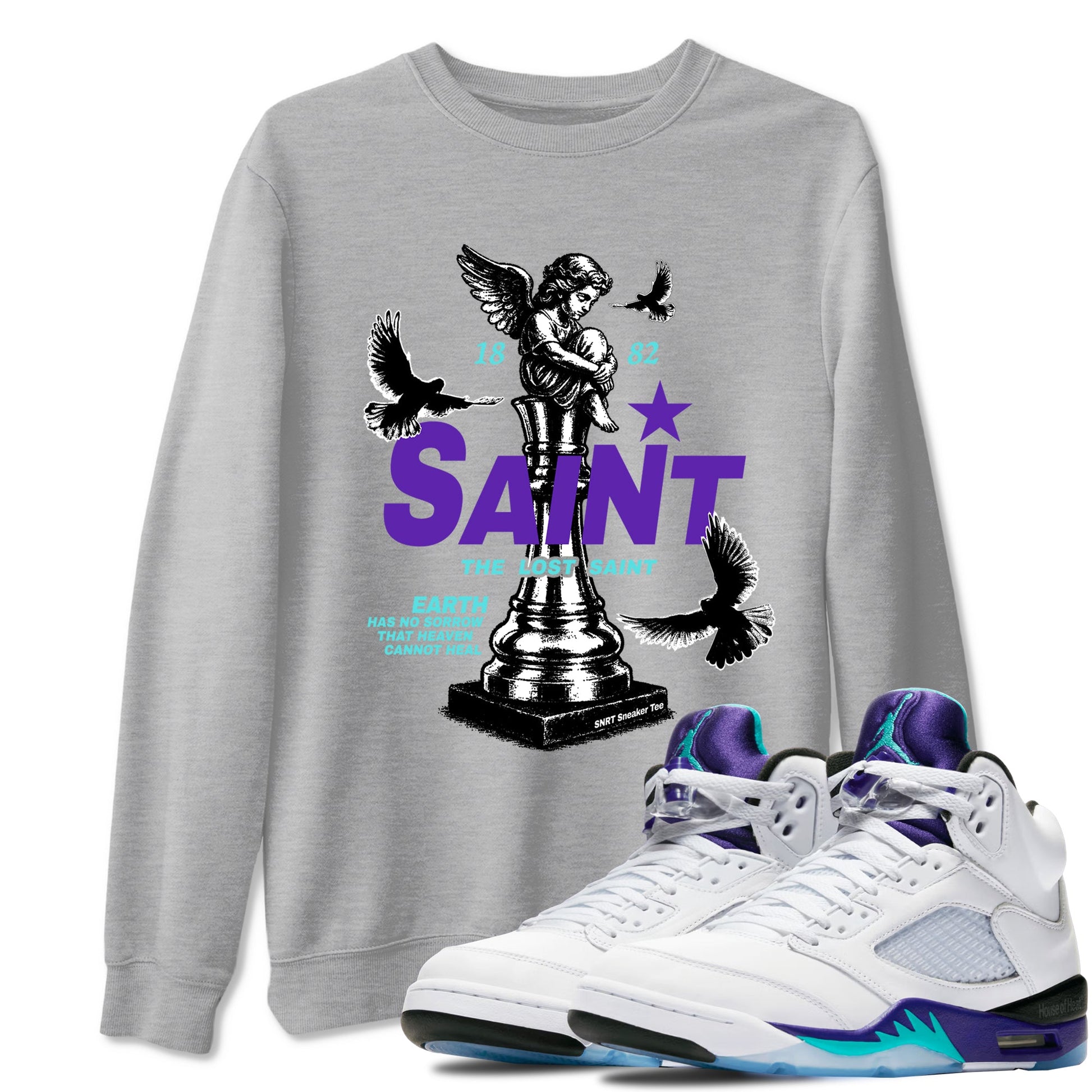 Air Jordan 5 Grape t-shirts to match jordans The Lost Saint sneaker match tees Air Jordan 5 Grape graphic tee for sneakerheads SNRT Sneaker Tees unisex cotton Heather Grey 1 shirts