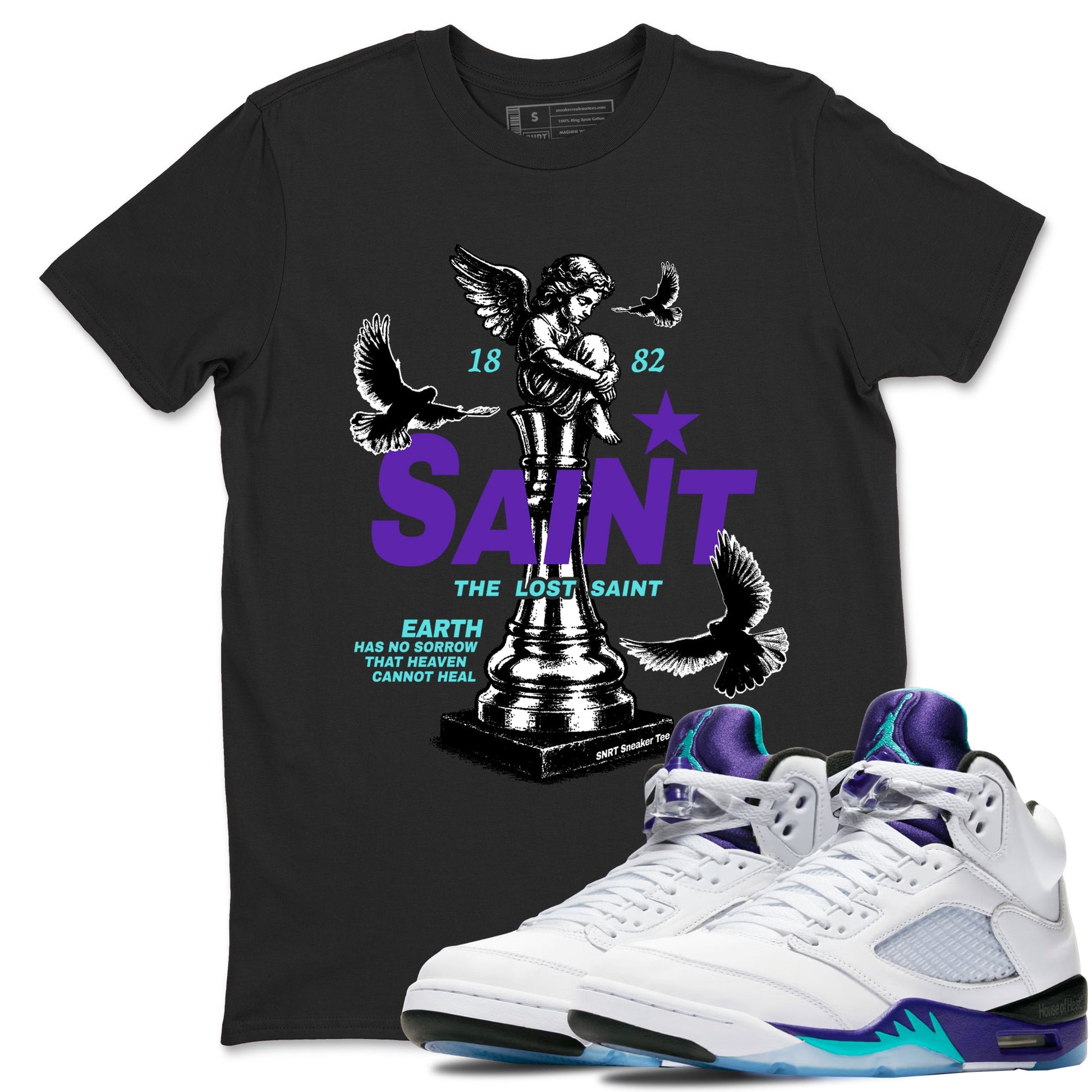 Air Jordan 5 Grape t-shirts to match jordans The Lost Saint sneaker match tees Air Jordan 5 Grape graphic tee for sneakerheads SNRT Sneaker Tees unisex cotton Black 1 shirts