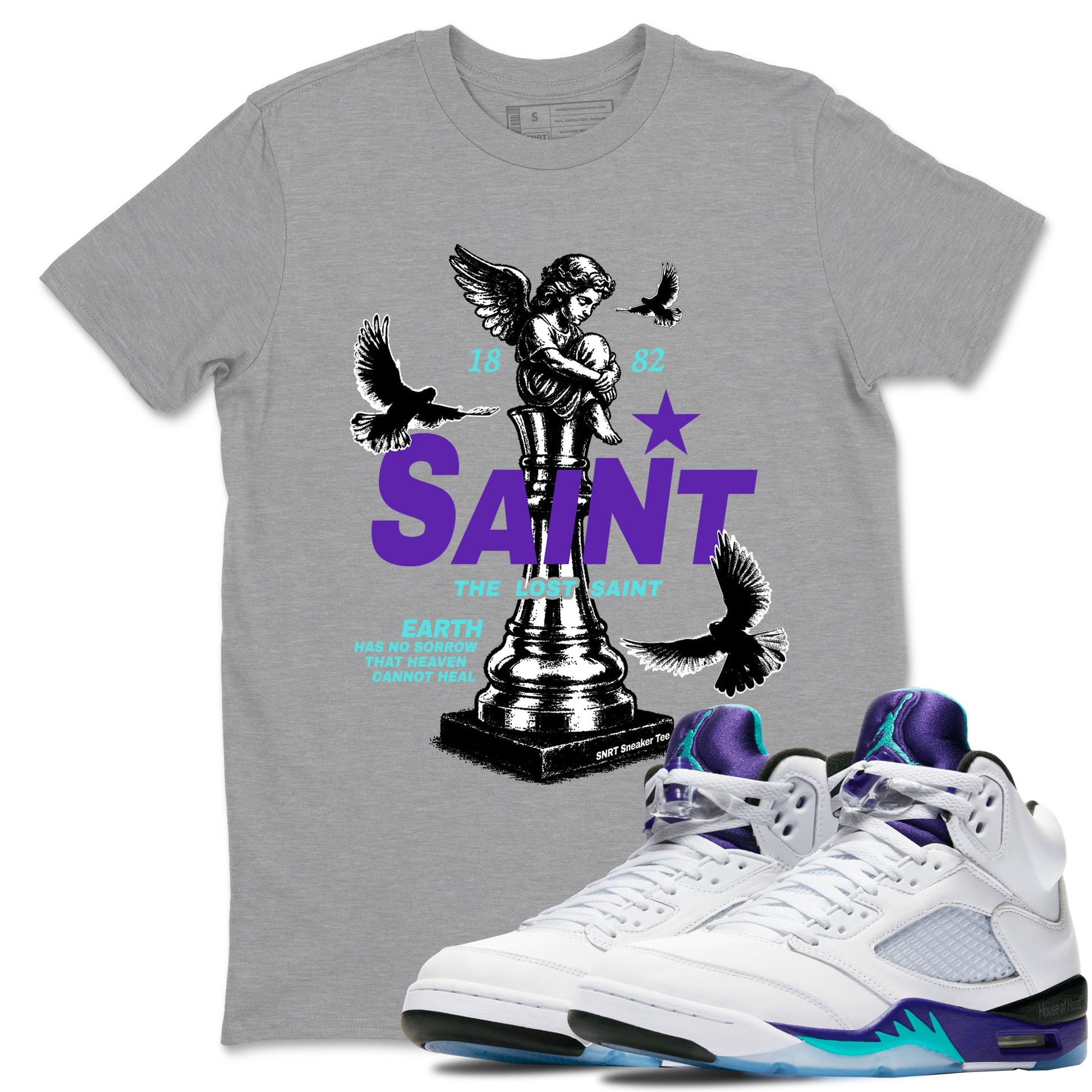 Air Jordan 5 Grape t-shirts to match jordans The Lost Saint sneaker match tees Air Jordan 5 Grape graphic tee for sneakerheads SNRT Sneaker Tees unisex cotton Heather Grey 1 shirts