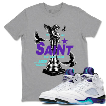 Air Jordan 5 Grape t-shirts to match jordans The Lost Saint sneaker match tees Air Jordan 5 Grape graphic tee for sneakerheads SNRT Sneaker Tees unisex cotton Heather Grey 1 shirts