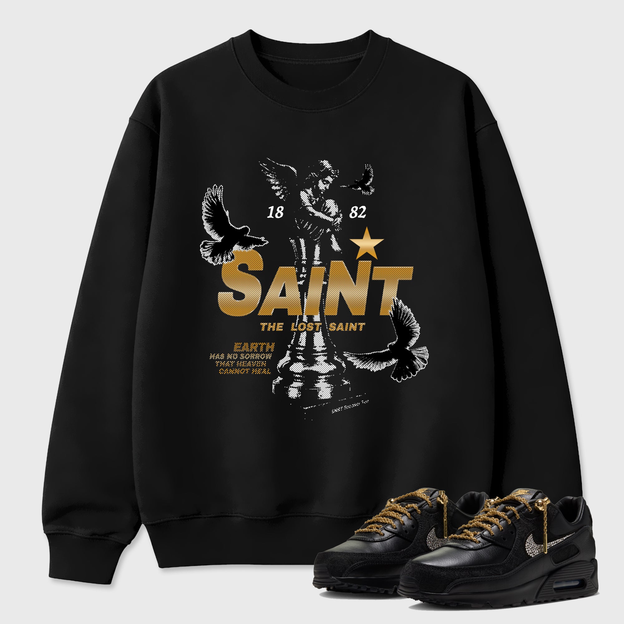 The Lost Saint Graphic T-Shirt featuring original streetwear artwork designed to match the Air Max 90 Trophies. Black 1 Graphic Tee.