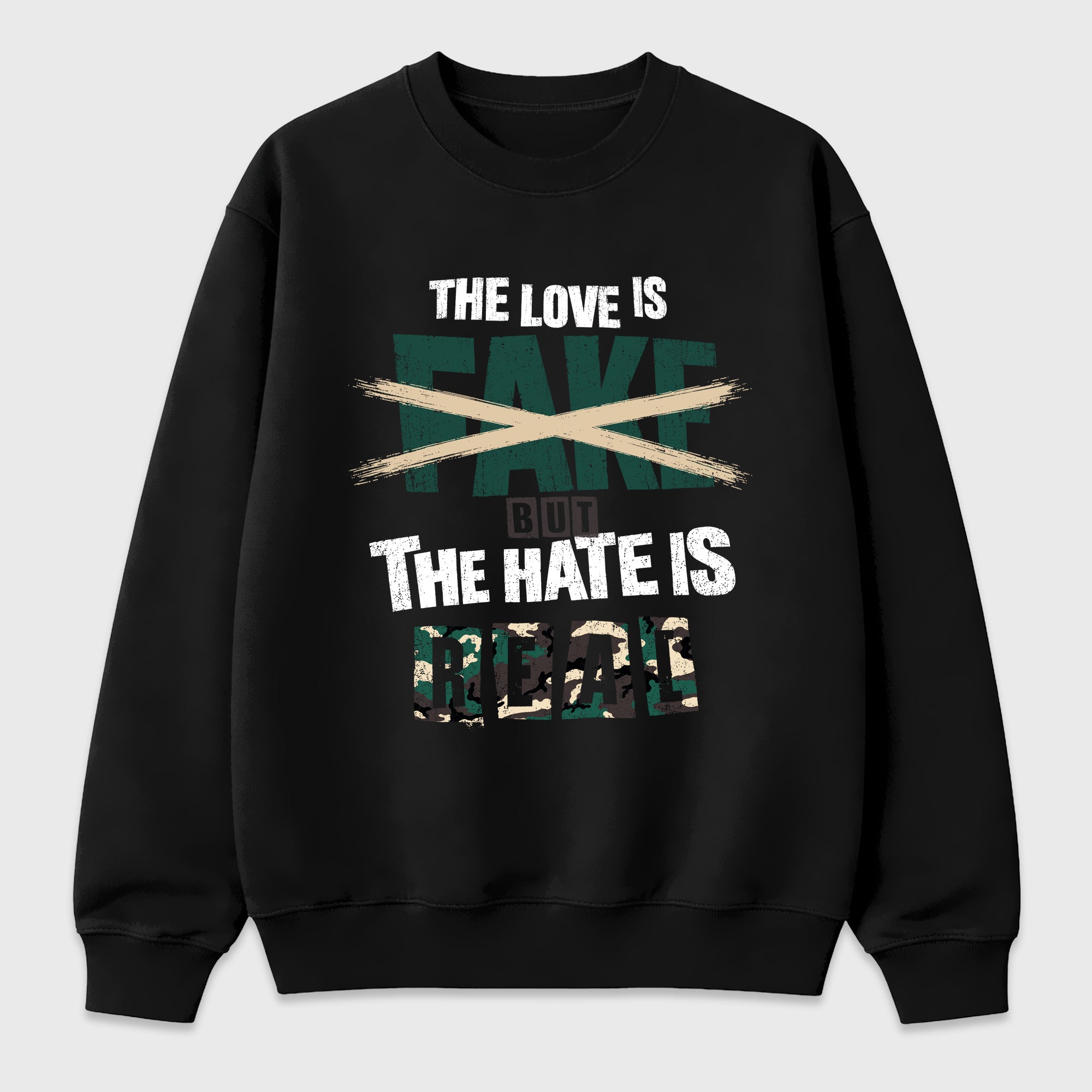The Love is Fake But the Hate is Real Graphic T-Shirt featuring original streetwear artwork designed to match the Air Foamposite Pro Green Camo. Black 2 Graphic Tee.